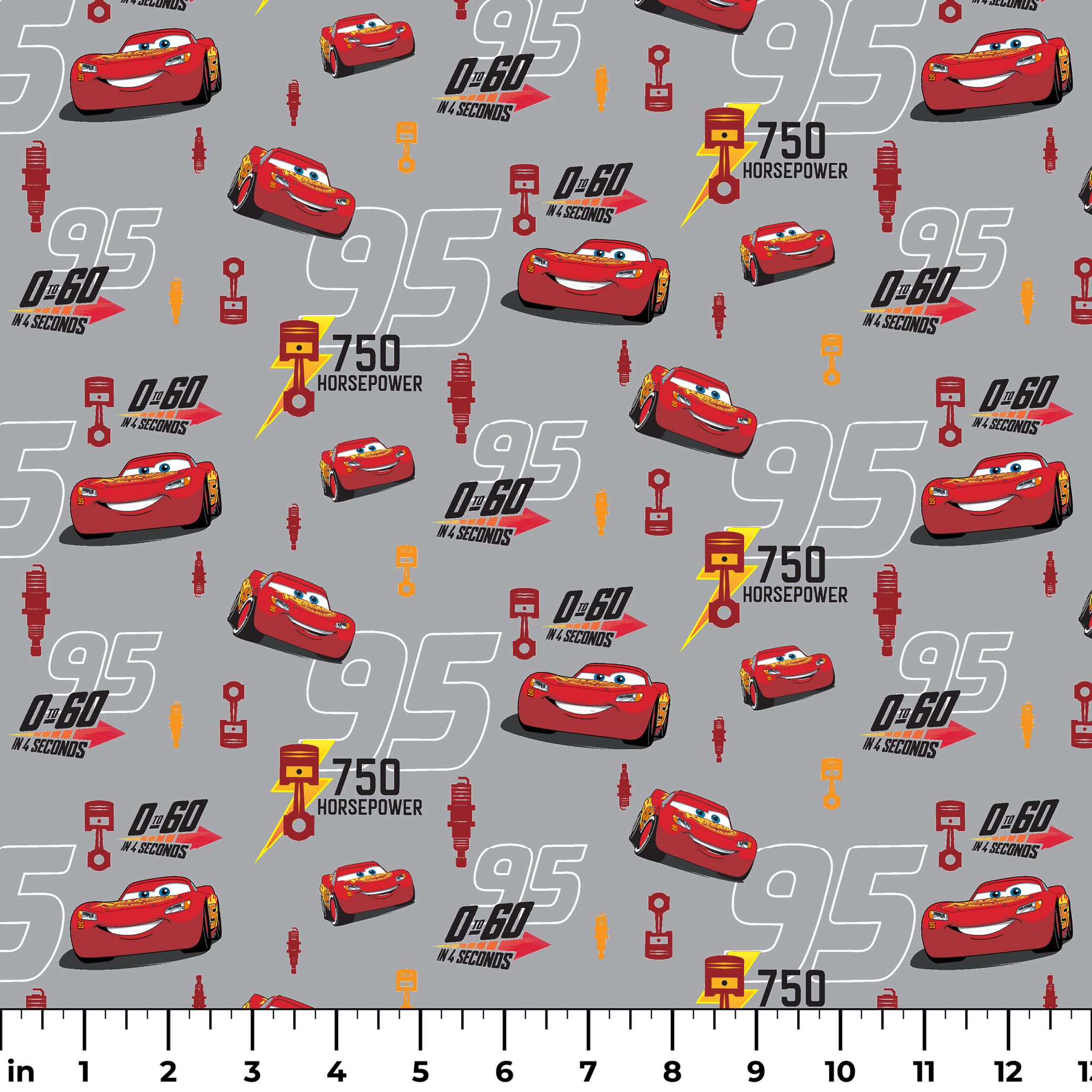 Red race cars with number 95 on gray background with racing graphics and "750 horsepower" text ruler