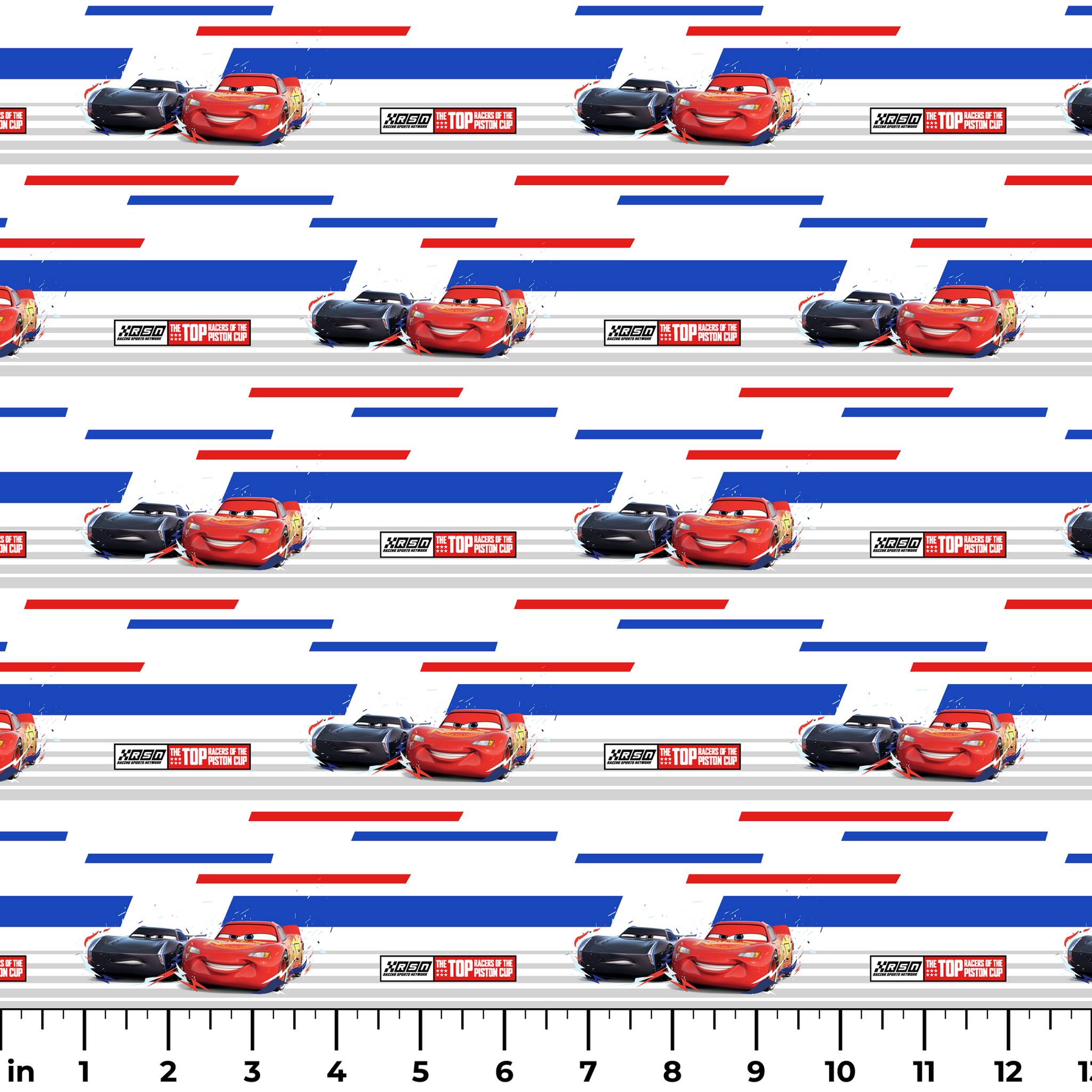 Red and black race cars from Disney Pixar's Cars movie on striped blue, white, and red background with XSpeed logo ruler