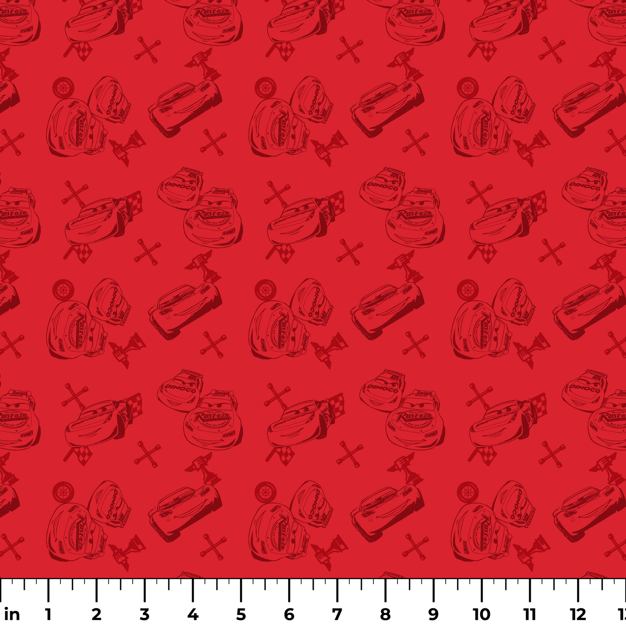 Red background with hand-drawn cartoon cars, tires, and tools in a repeating pattern ruler