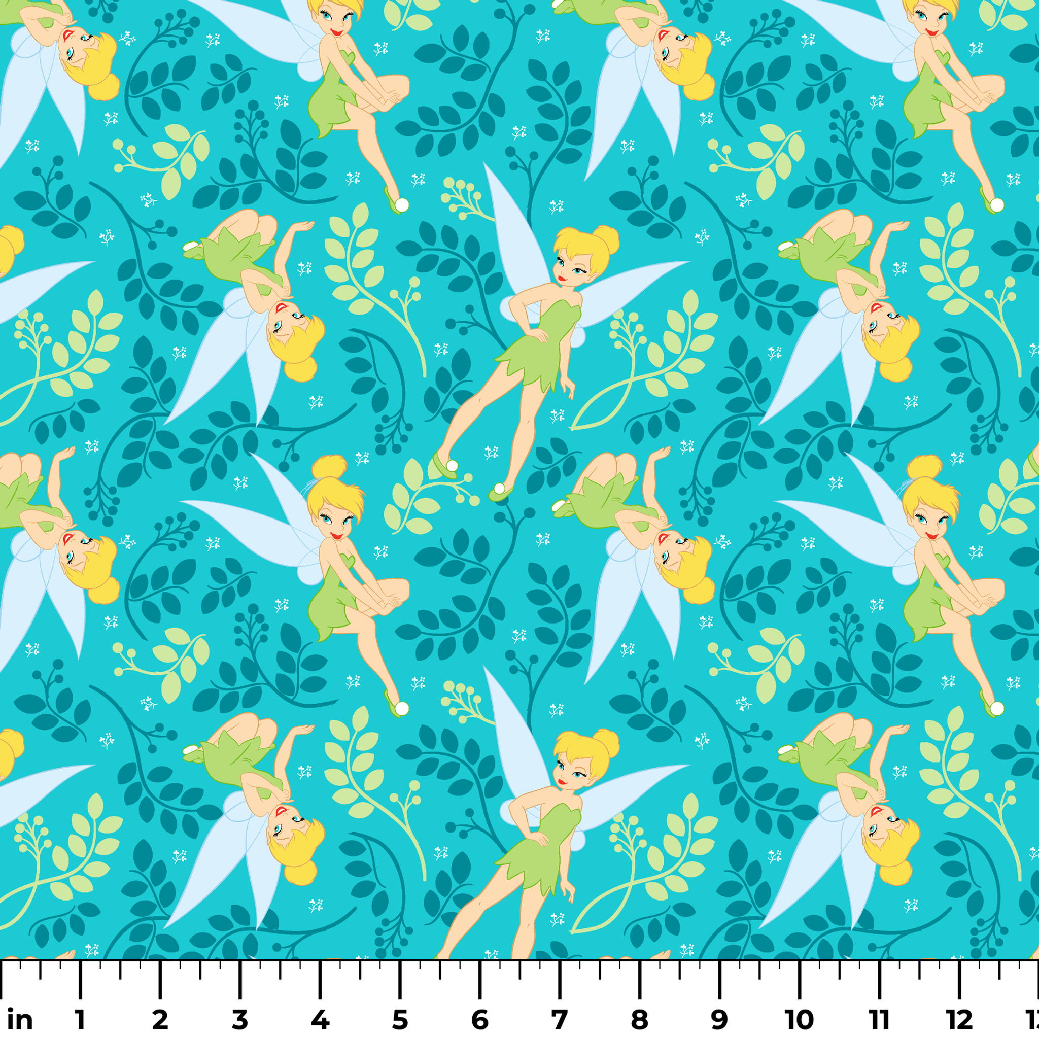 A whimsical pattern featuring Tinker Bell against a teal background with decorative green foliage and yellow accents. ruler