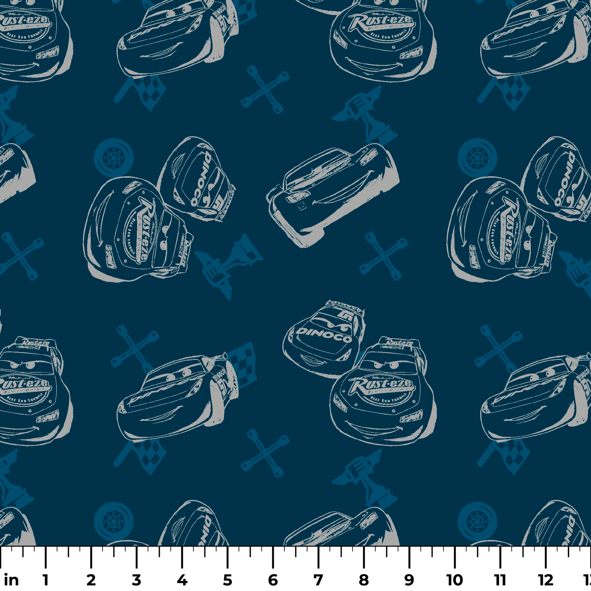 Race cars pattern on dark blue background with sketched vehicles and tire marks ruler