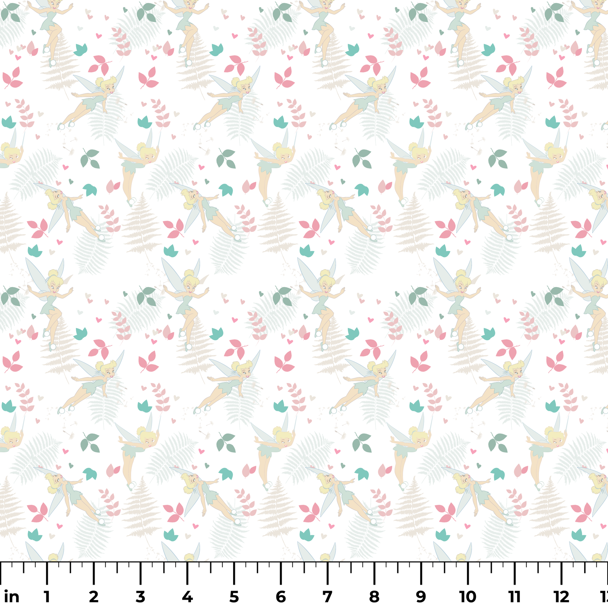 Whimsical pattern with Tinker Bell, white ferns, pink and teal foliage on light background ruler