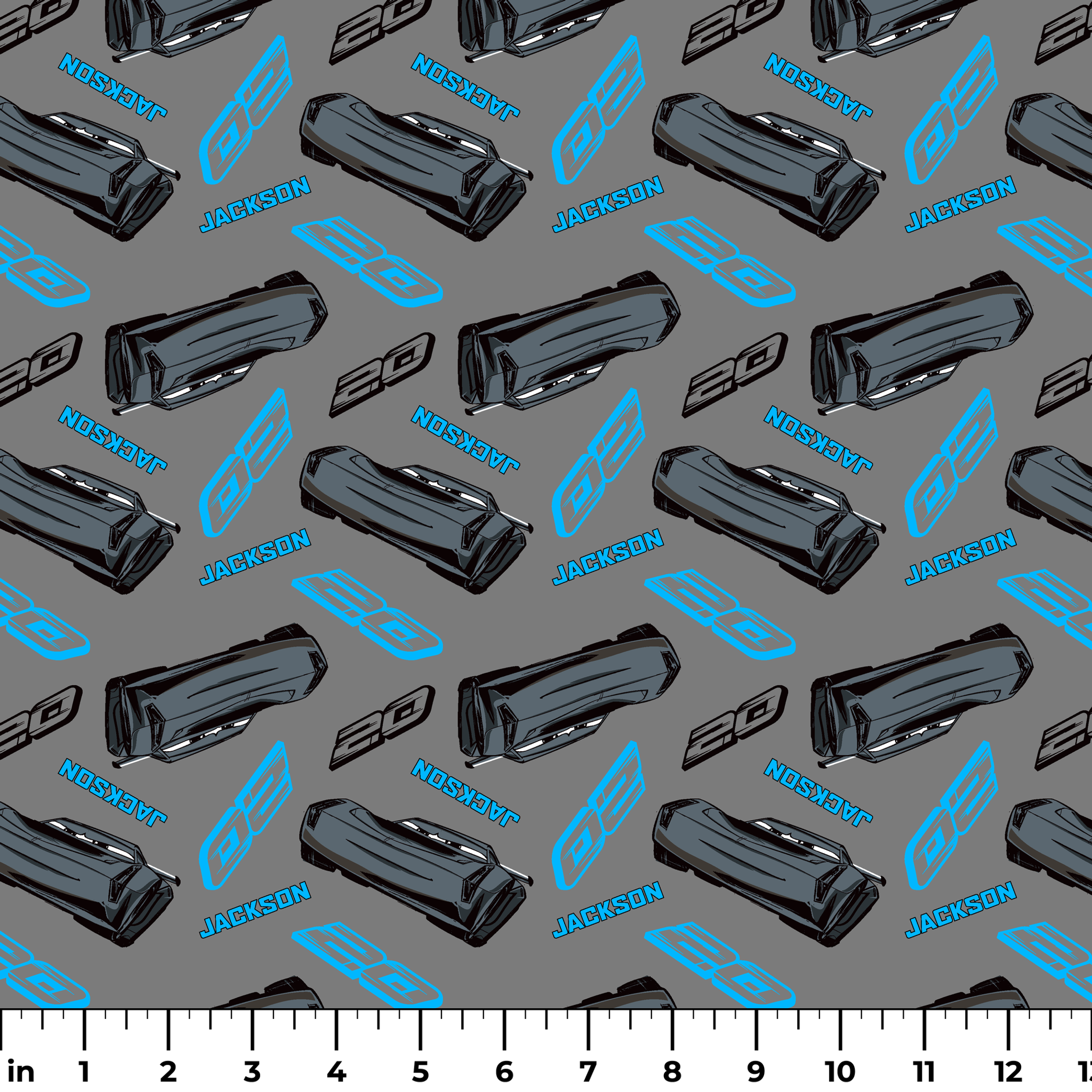 Dark gray background with scattered black car parts and blue "JACKSON" text and stylized logos in a repeating pattern ruler