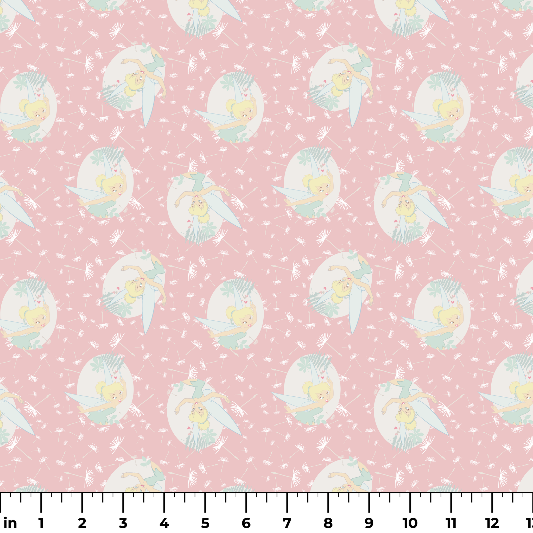 Pink background with dandelion seed pattern featuring Tinker Bell in mint green circles, whimsical Disney design ruler