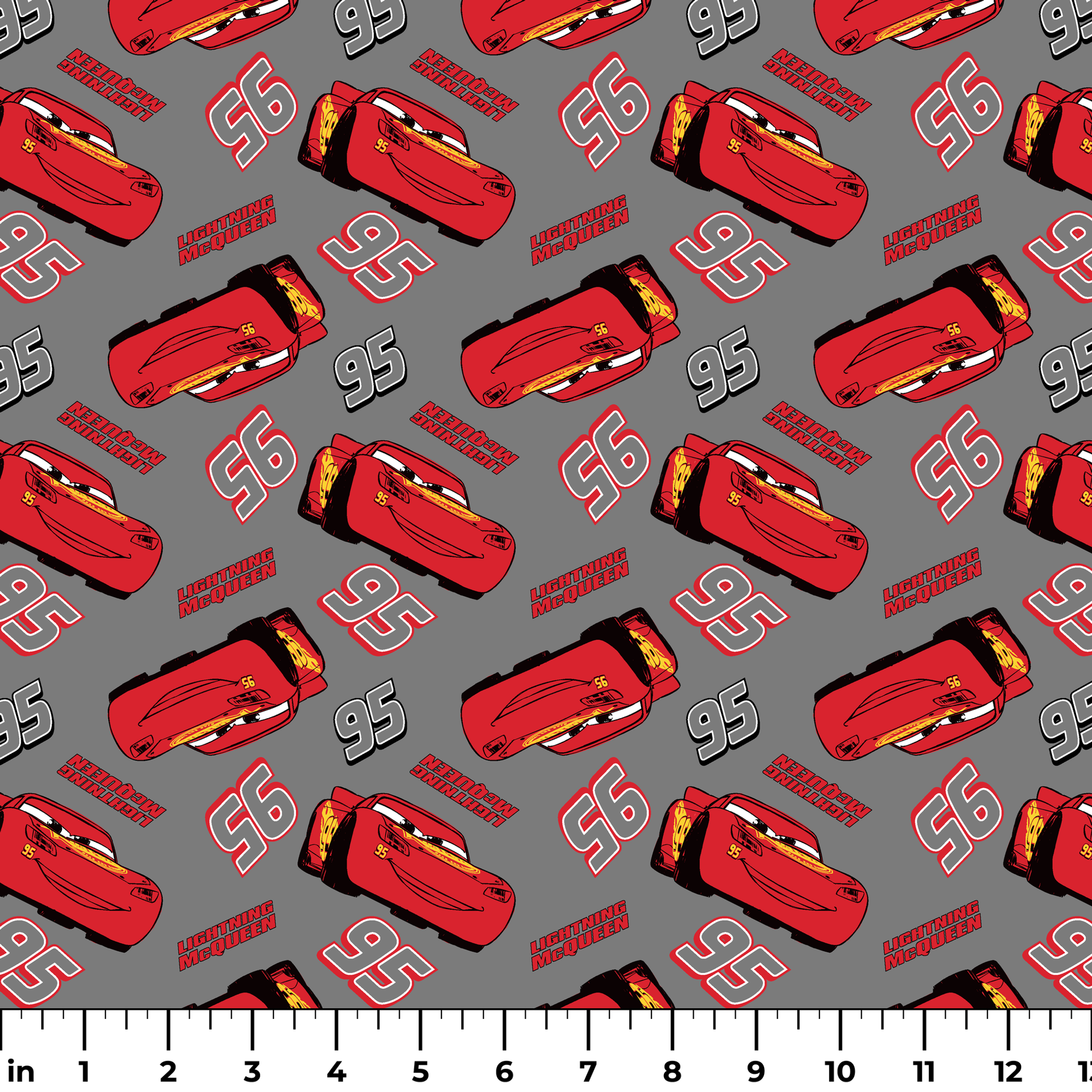 Lightning McQueen pattern with red race cars and number 95 on gray background ruler