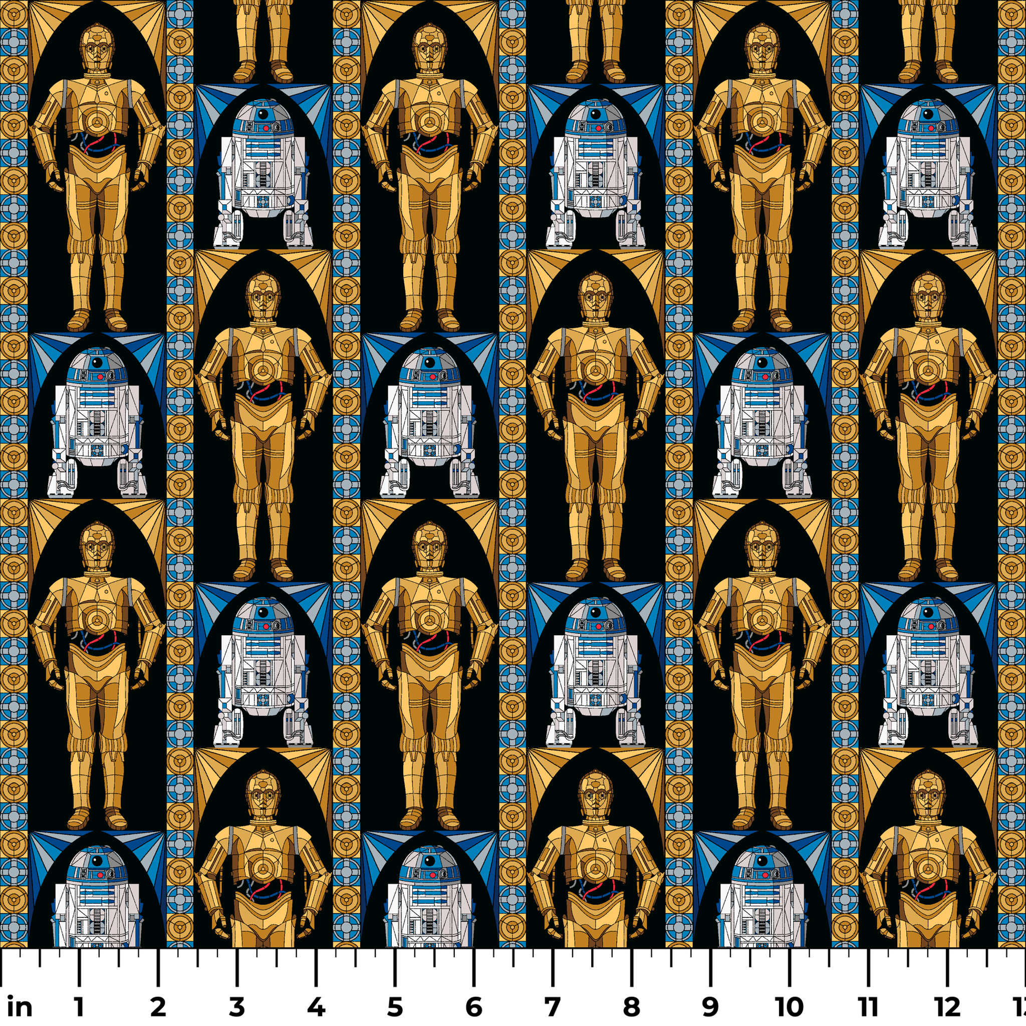 Repeating pattern of golden droid and blue-white astromech droid characters from Star Wars on black background with decorative borders ruler