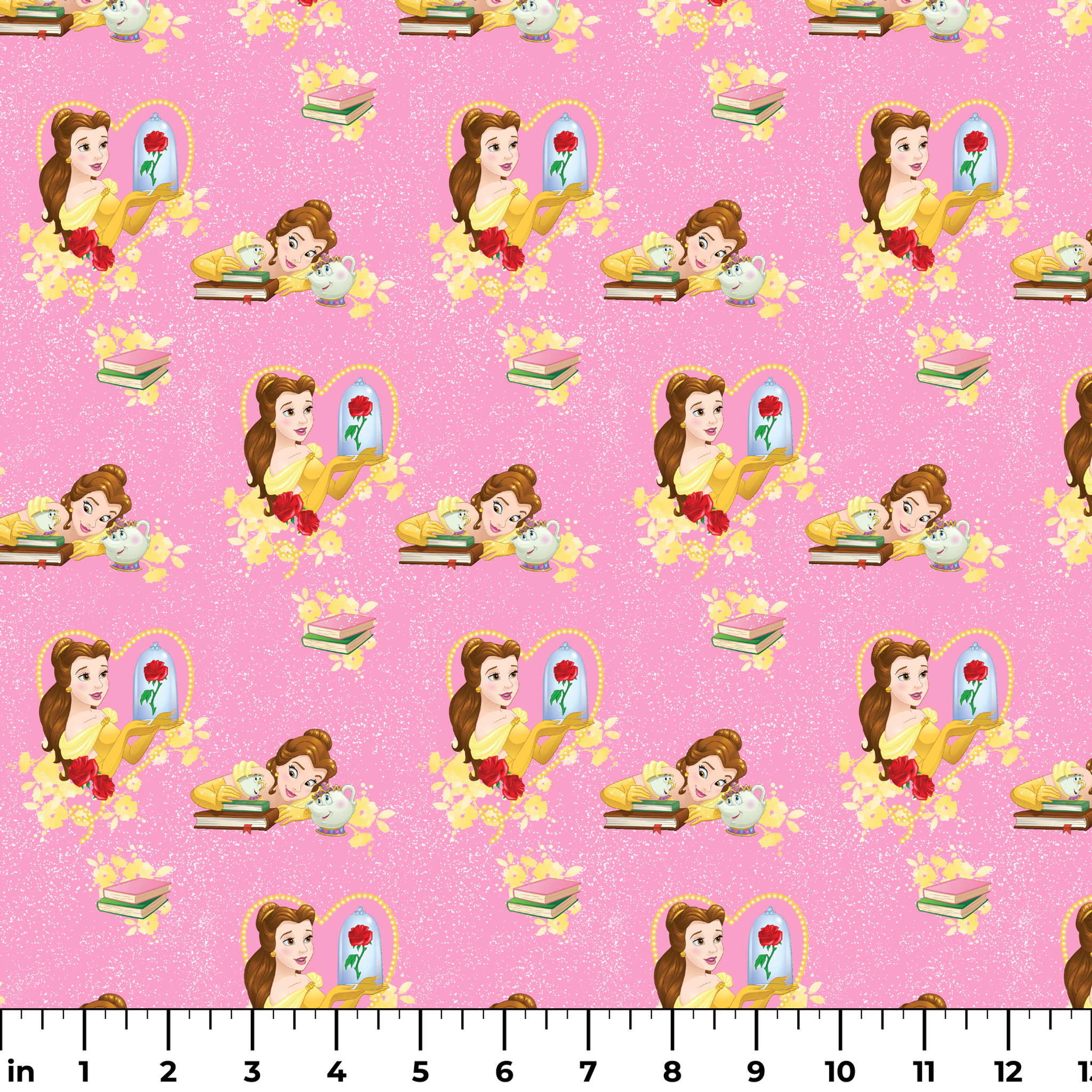 Repeating pattern of Disney's Belle character with enchanted rose and books on pink sparkly background ruler
