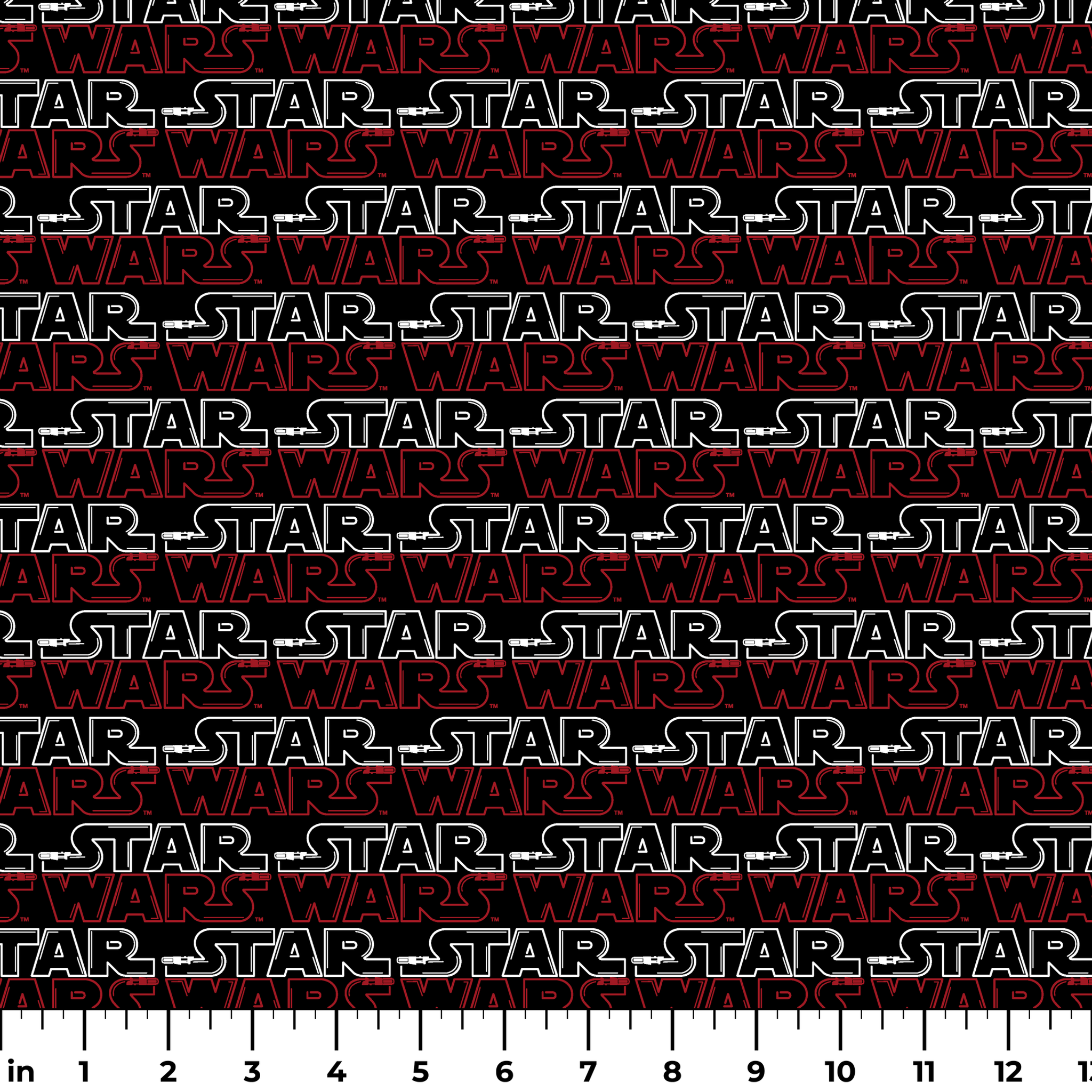 Star Wars logo pattern with white "STAR" and red "WARS" text repeating on black background ruler