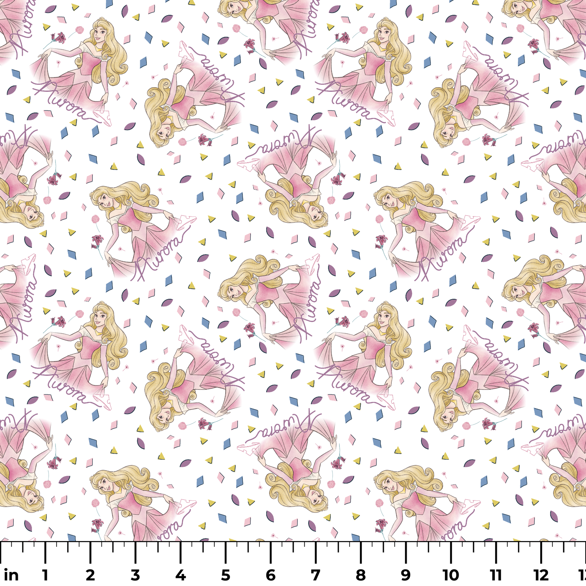 Pattern of Sleeping Beauty, surrounded by colorful diamond shapes on white background ruler