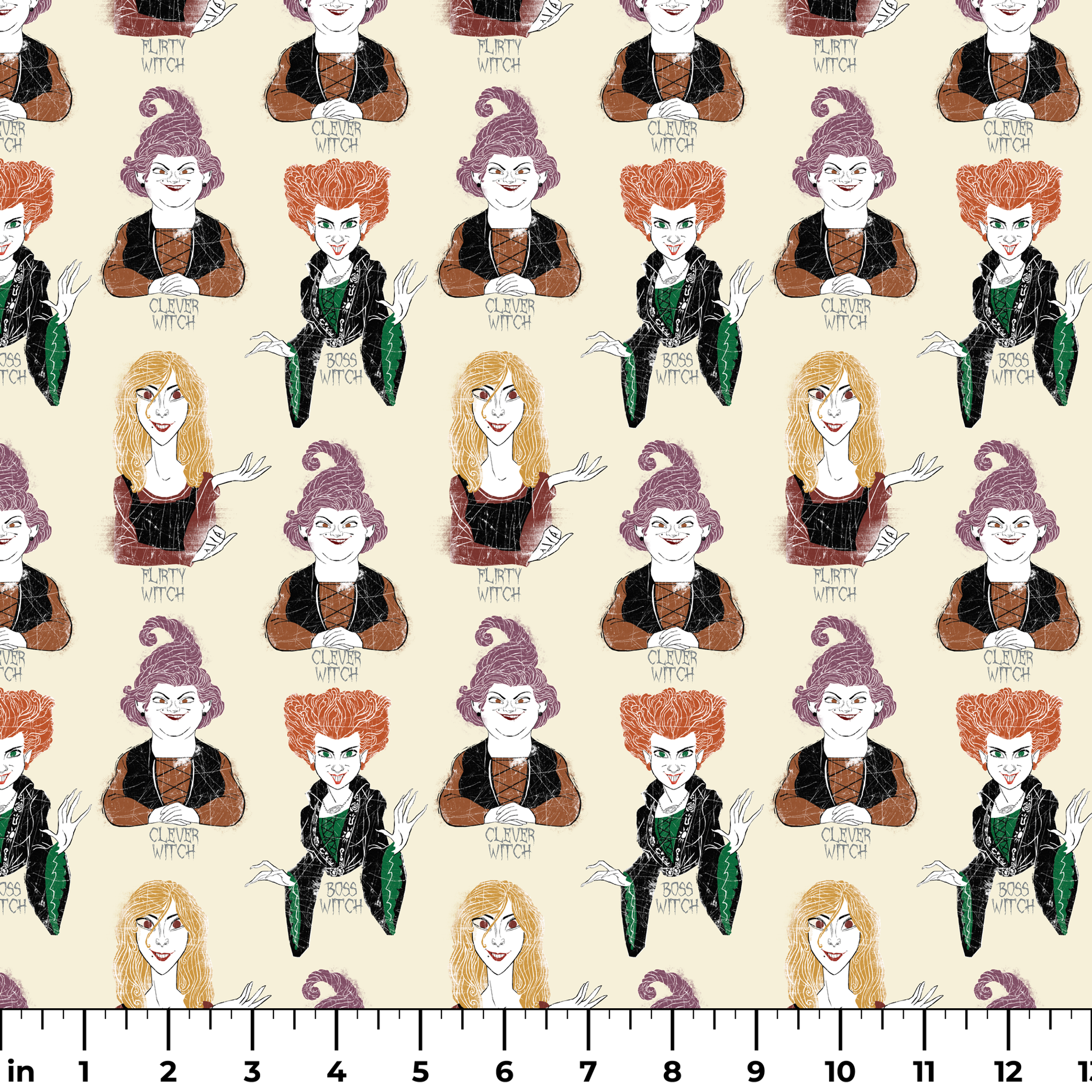 Pattern of illustrated witch characters with different styling - purple hat witch, green-dressed witch, and blonde witch with varying colors and poses ruler