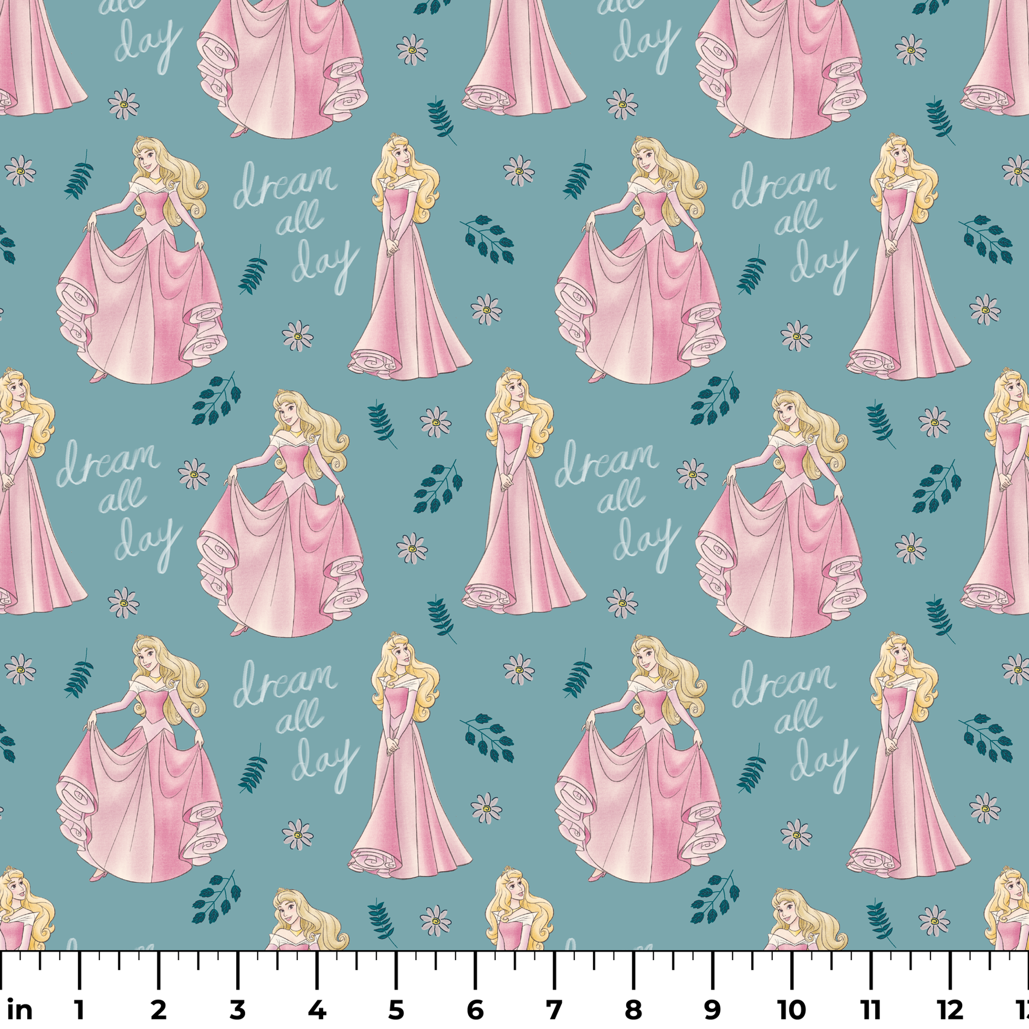Sleeping Beauty pattern with "dream all day" text on teal background with floral elements ruler