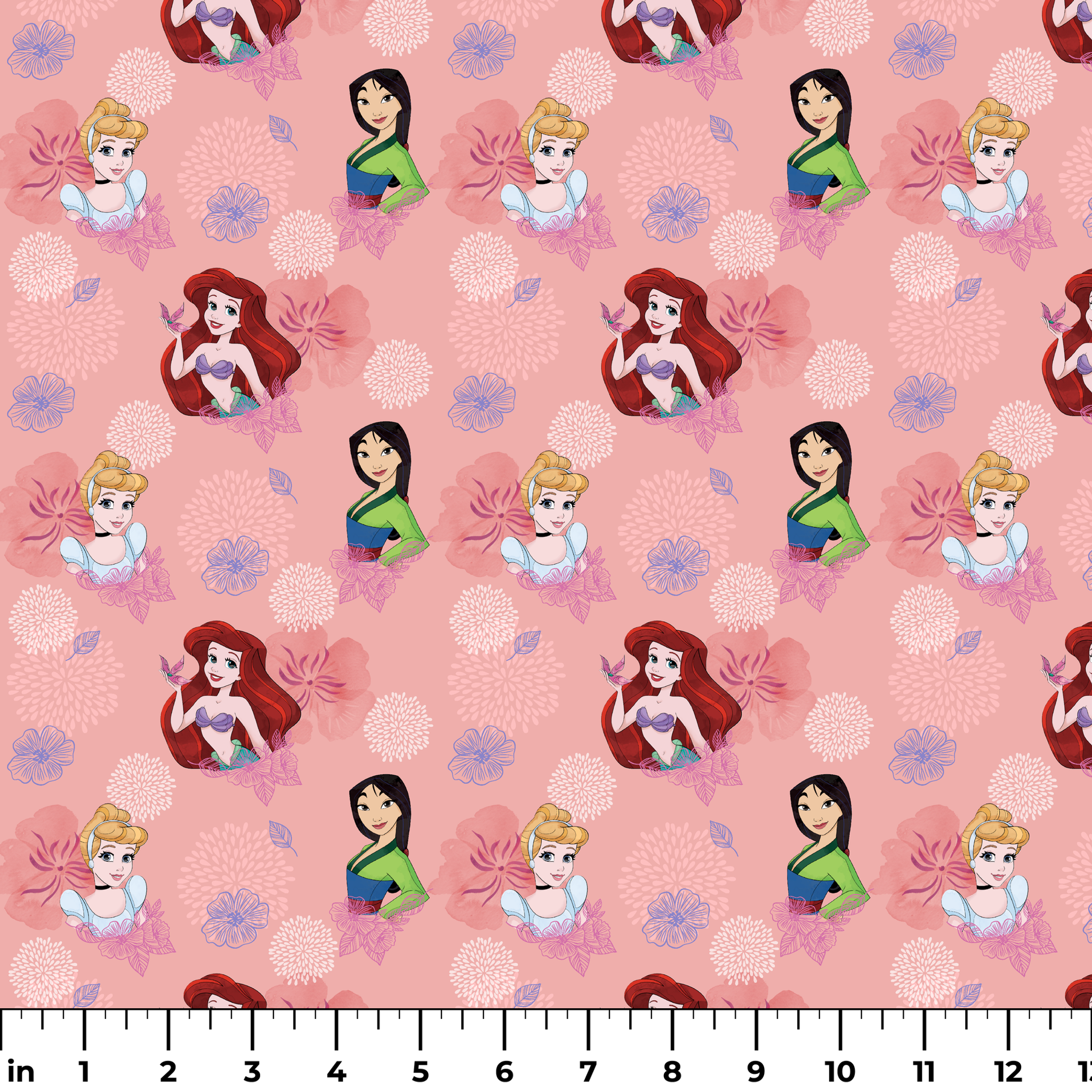 Disney princess characters on pink floral background with delicate flower patterns ruler