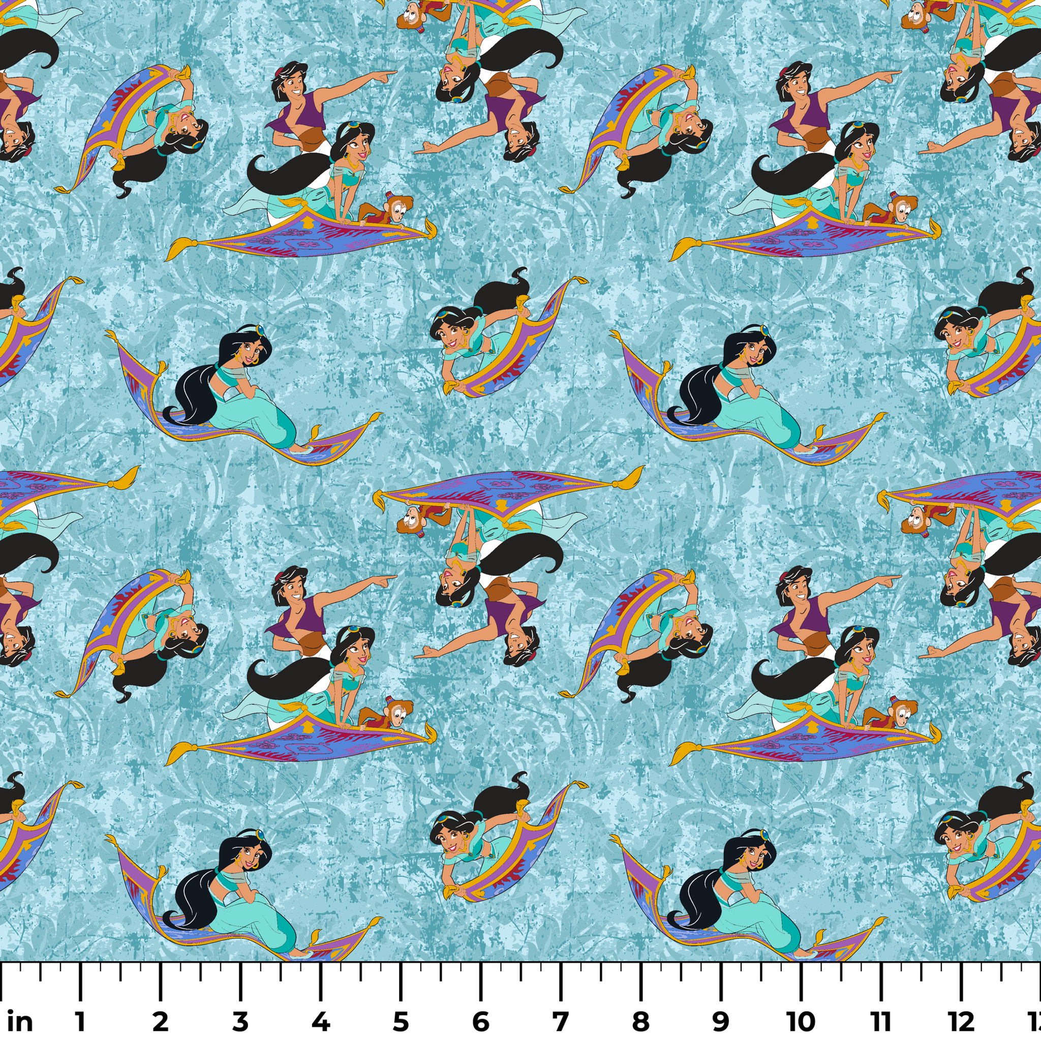 Aladdin and Princess Jasmine riding magic carpets against a light blue marbled background pattern ruler