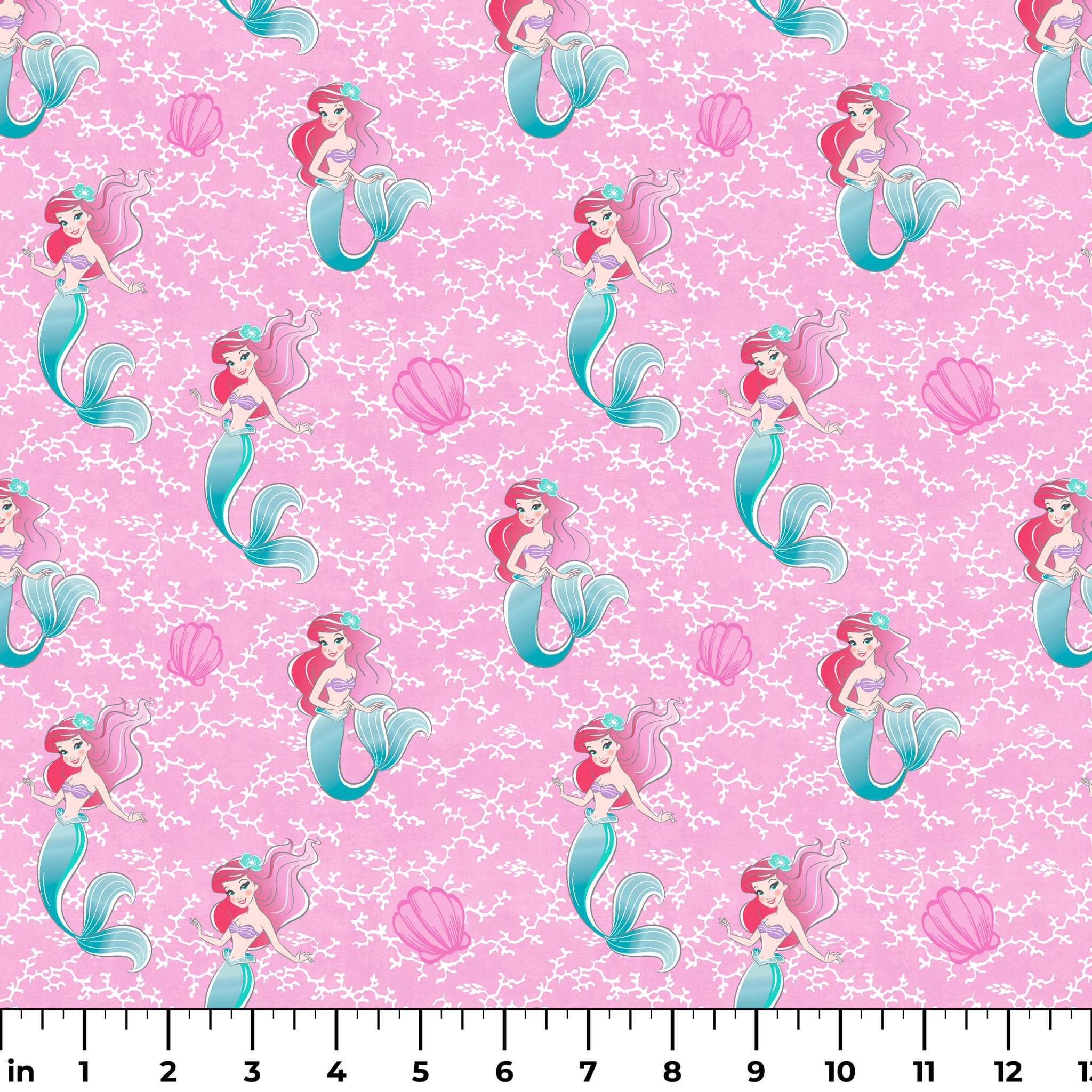 The Little Mermaid pattern with Ariel and purple seashells on pink background with white bubbles ruler