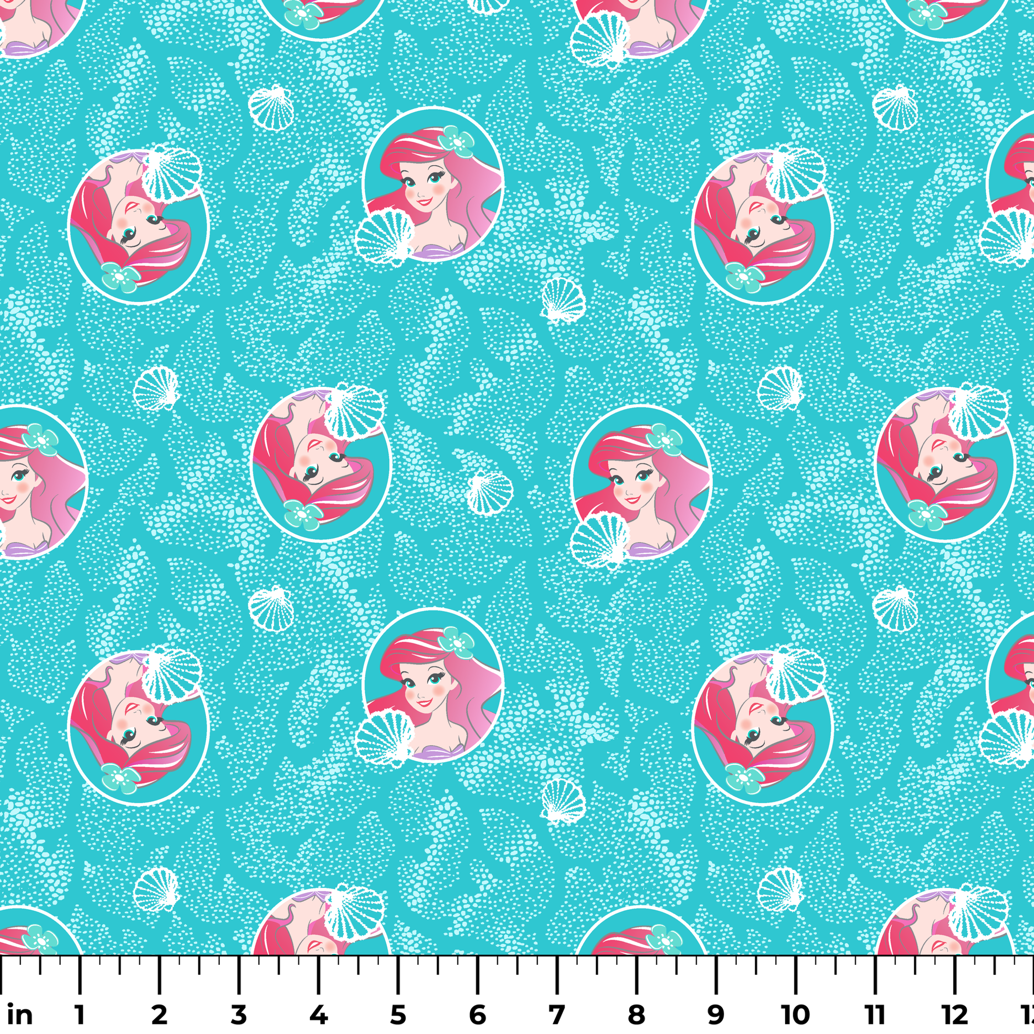 The Little Mermaid pattern with Ariel in turquoise circles on aqua background with seashells ruler