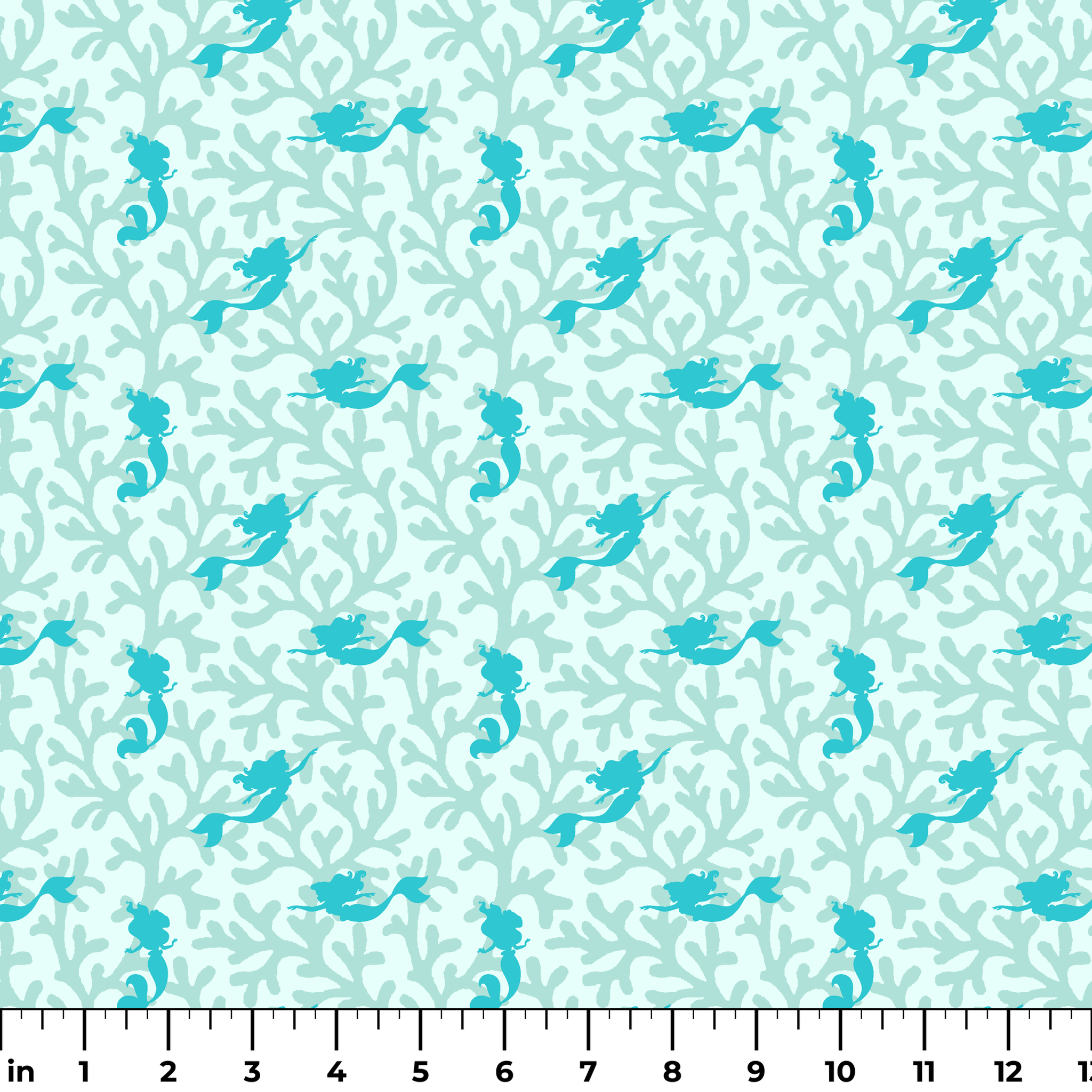 Abstract pattern with light mint green coral shapes and The Little Mermaid silhouettes ruler