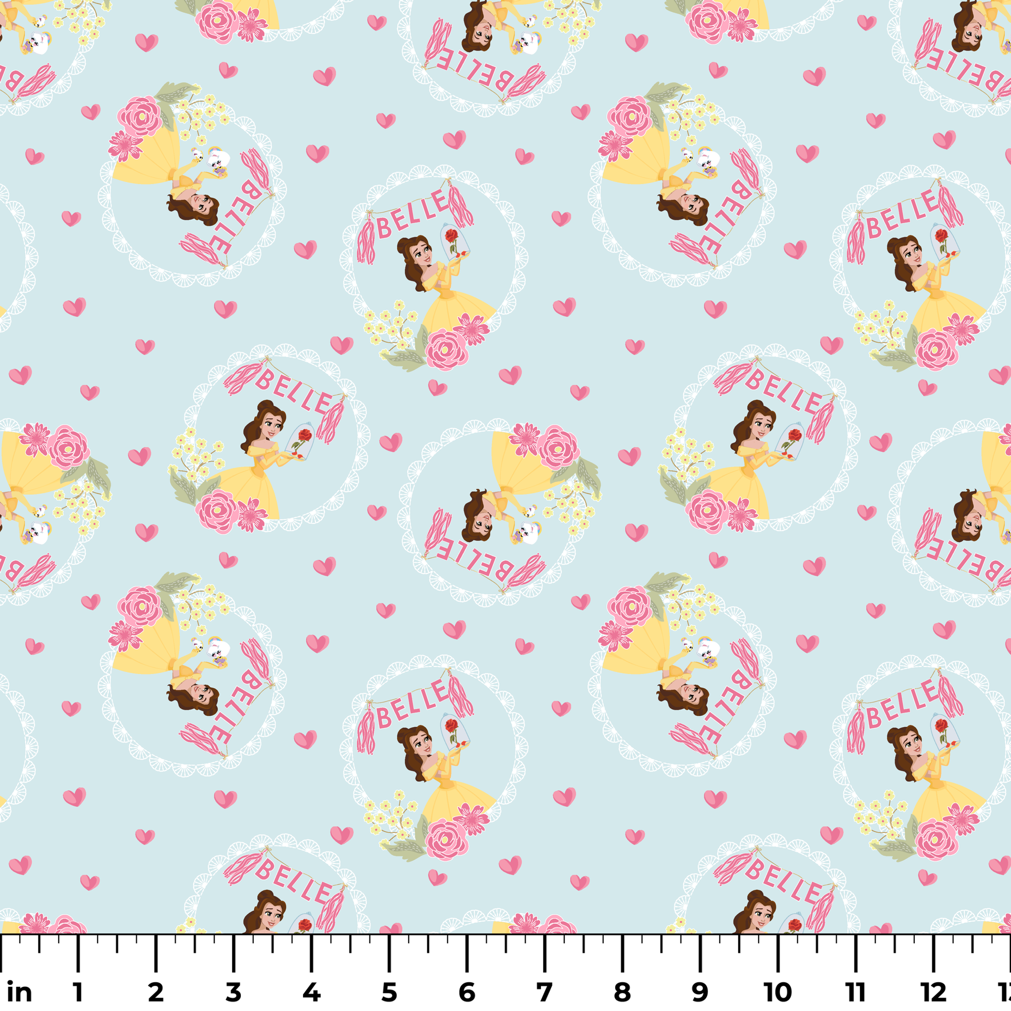 Princess Belle pattern with yellow dress, "Belle" text, hearts, and flowers on light blue background ruler