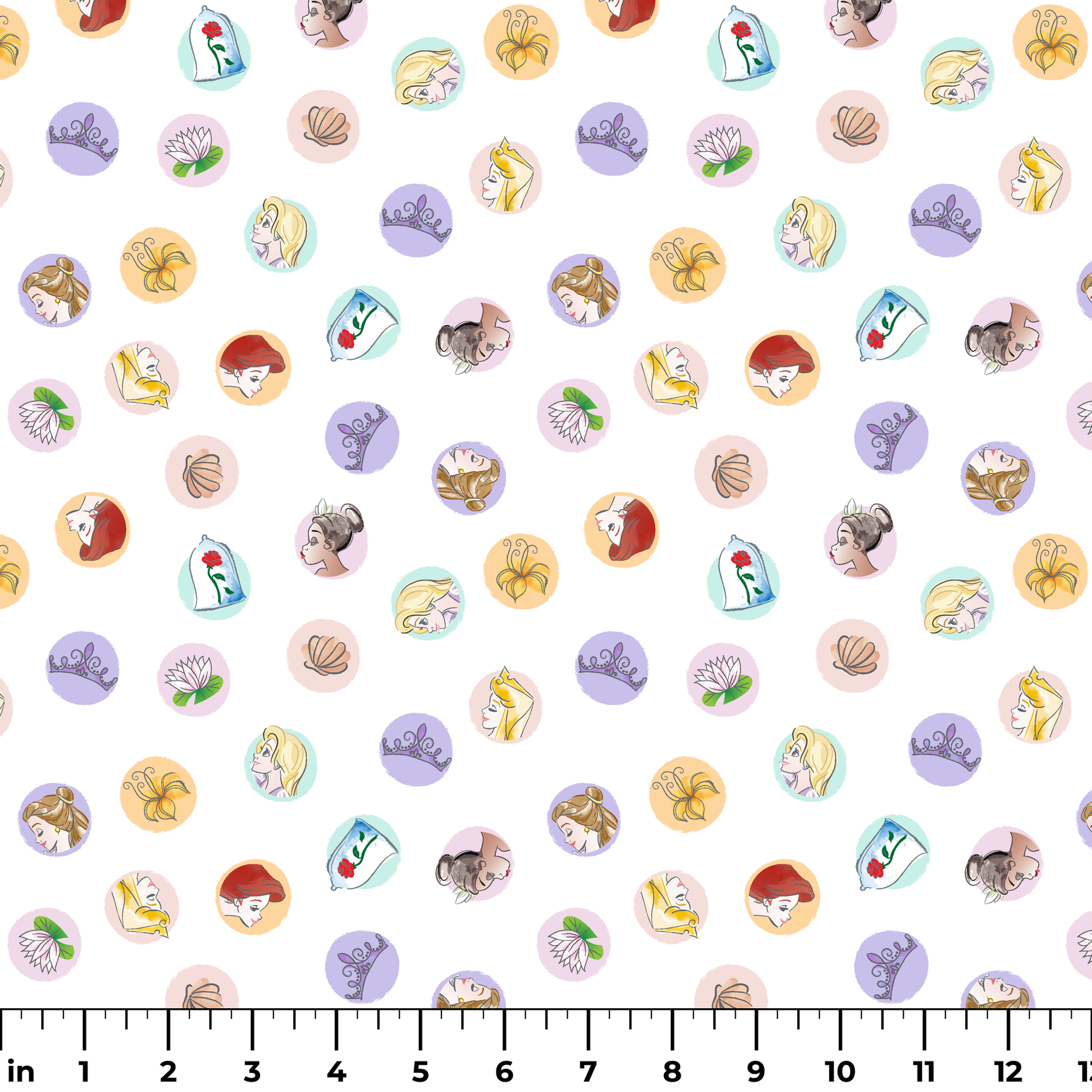 Colorful circular illustrations featuring Disney Princesses and symbols on white background ruler