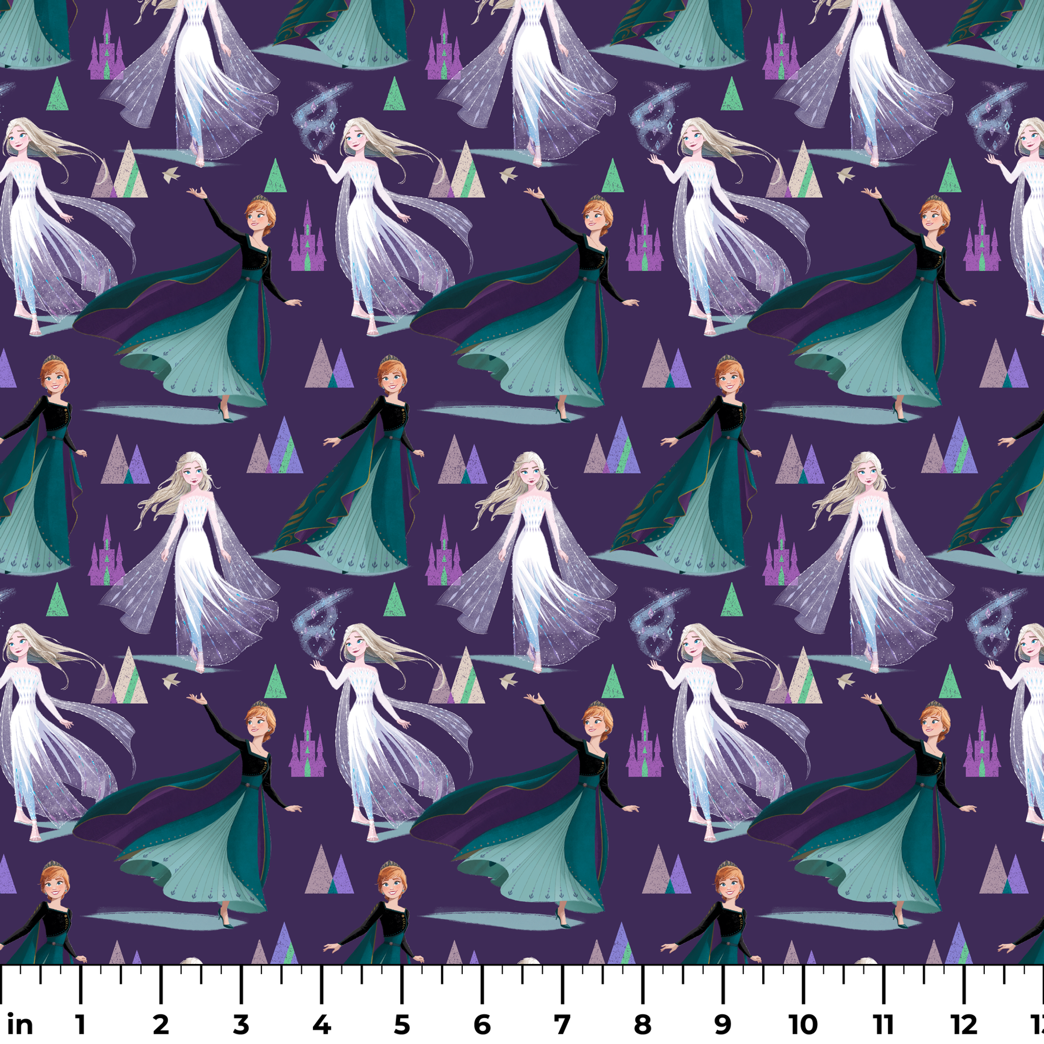 Frozen characters and ice castles on purple background, magical fantasy pattern ruler