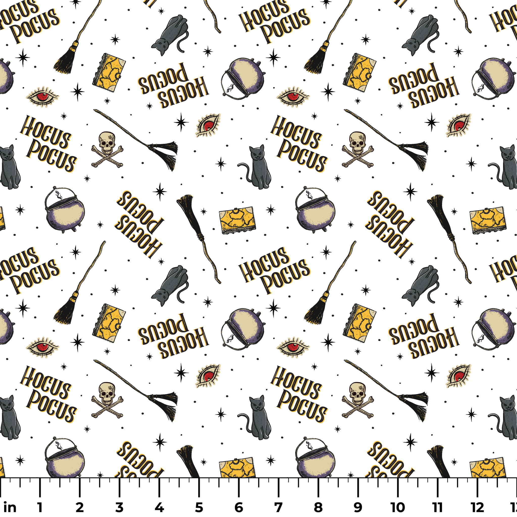 Repeating pattern of witchcraft items with "Hocus Pocus" text, cauldrons, brooms, and mystical symbols on white background ruler