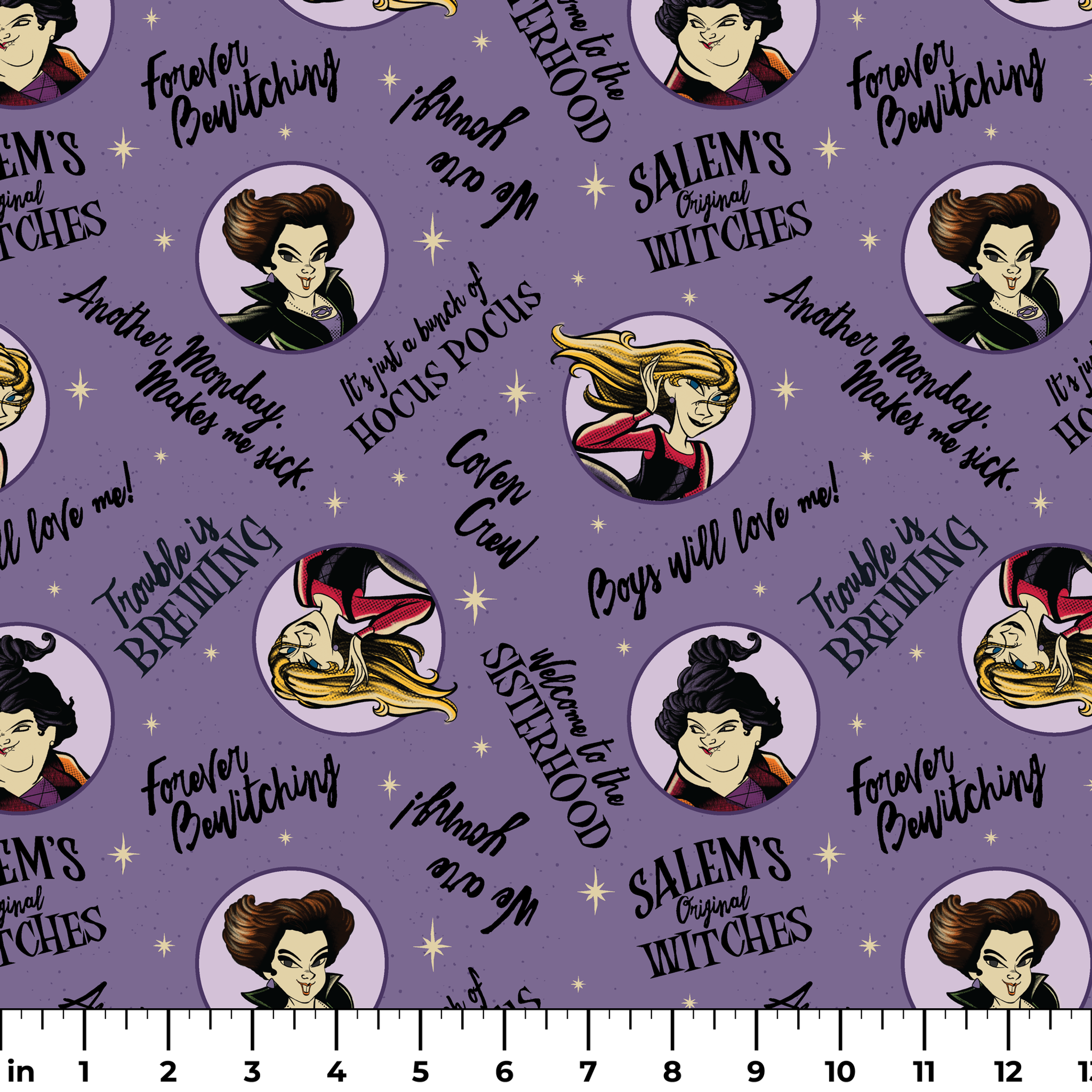 Purple background pattern with cartoon witches in circles, magical phrases and stars scattered throughout in black text ruler