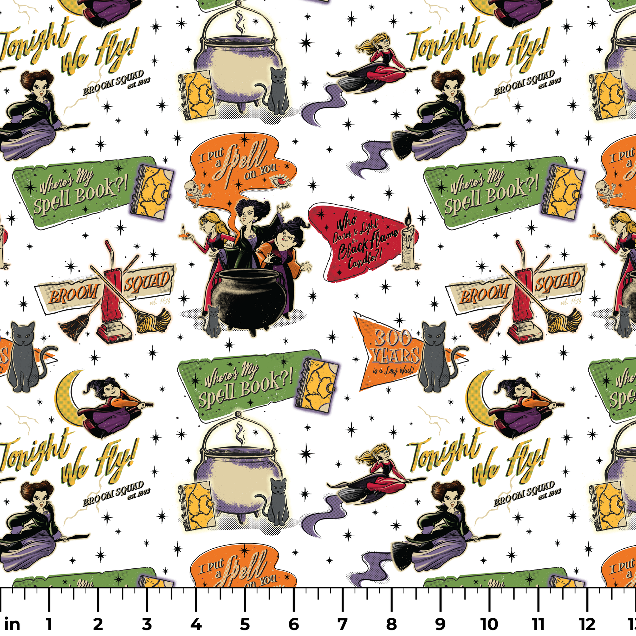 Halloween witch-themed pattern with spell books, cauldrons, brooms, stars, cats, potions and magical sayings on white background ruler