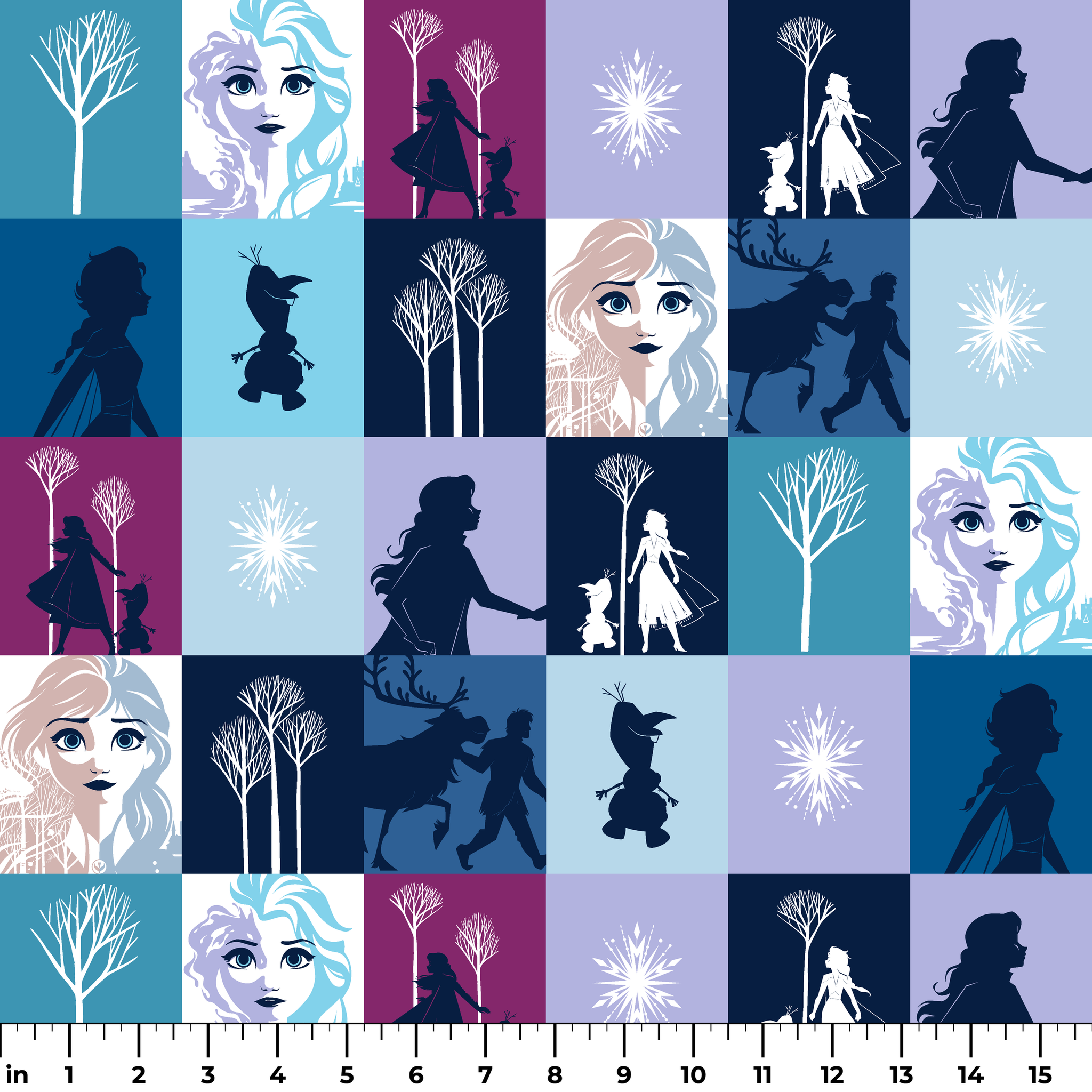 A grid of "Frozen" themed illustrations featuring character portraits, snowflakes, winter trees, and silhouetted scenes in shades of blue and purple. ruler