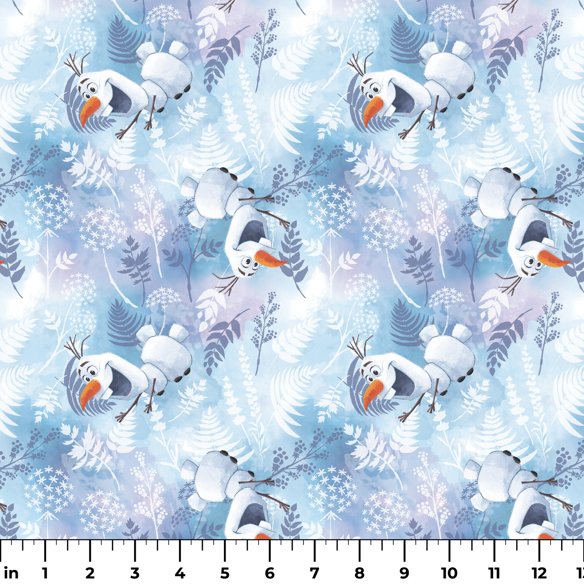 Cheerful Olaf playing among delicate ferns and snowflakes on a light blue background ruler