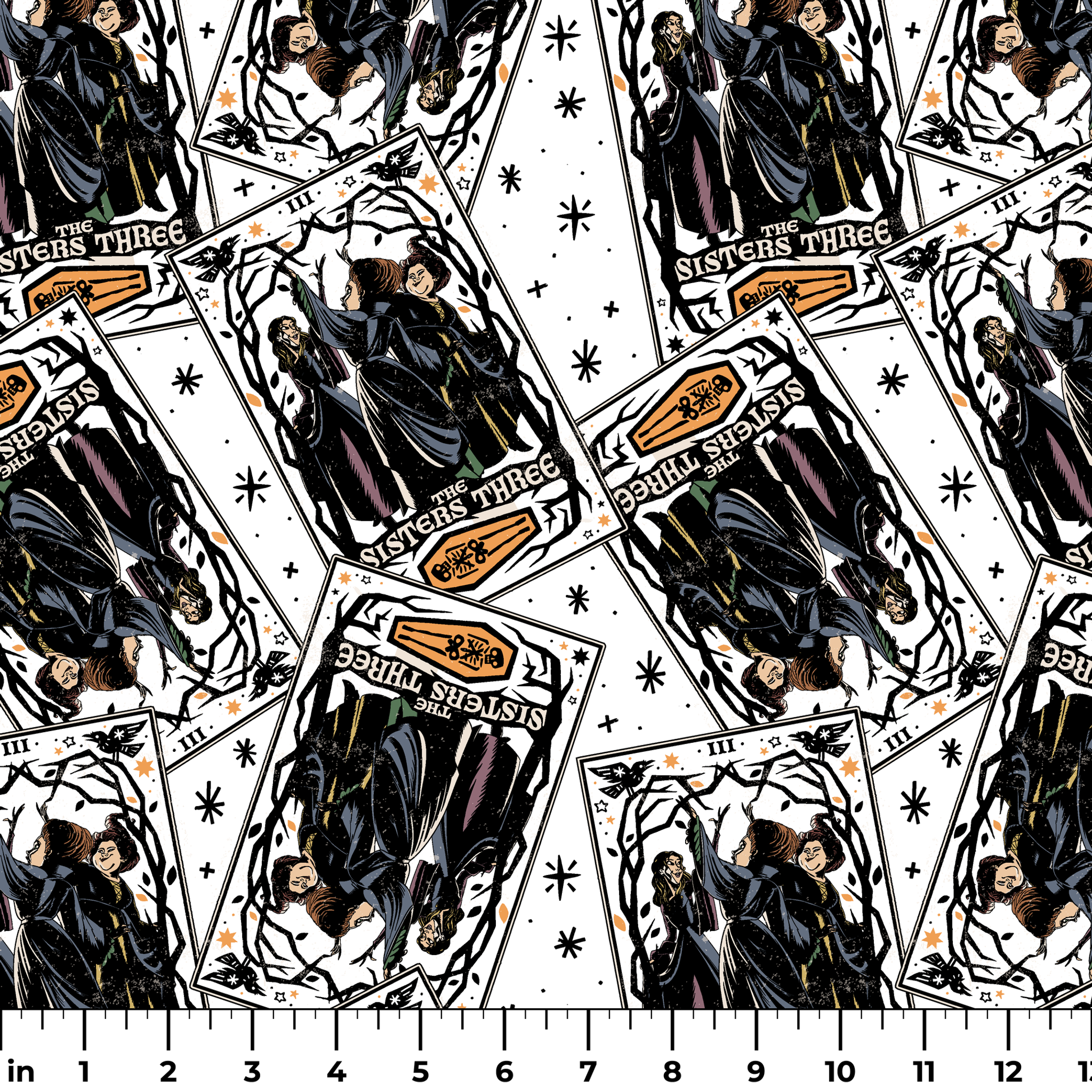 Scattered Hocus Pocus cards showing robed figures against white background with stars ruler