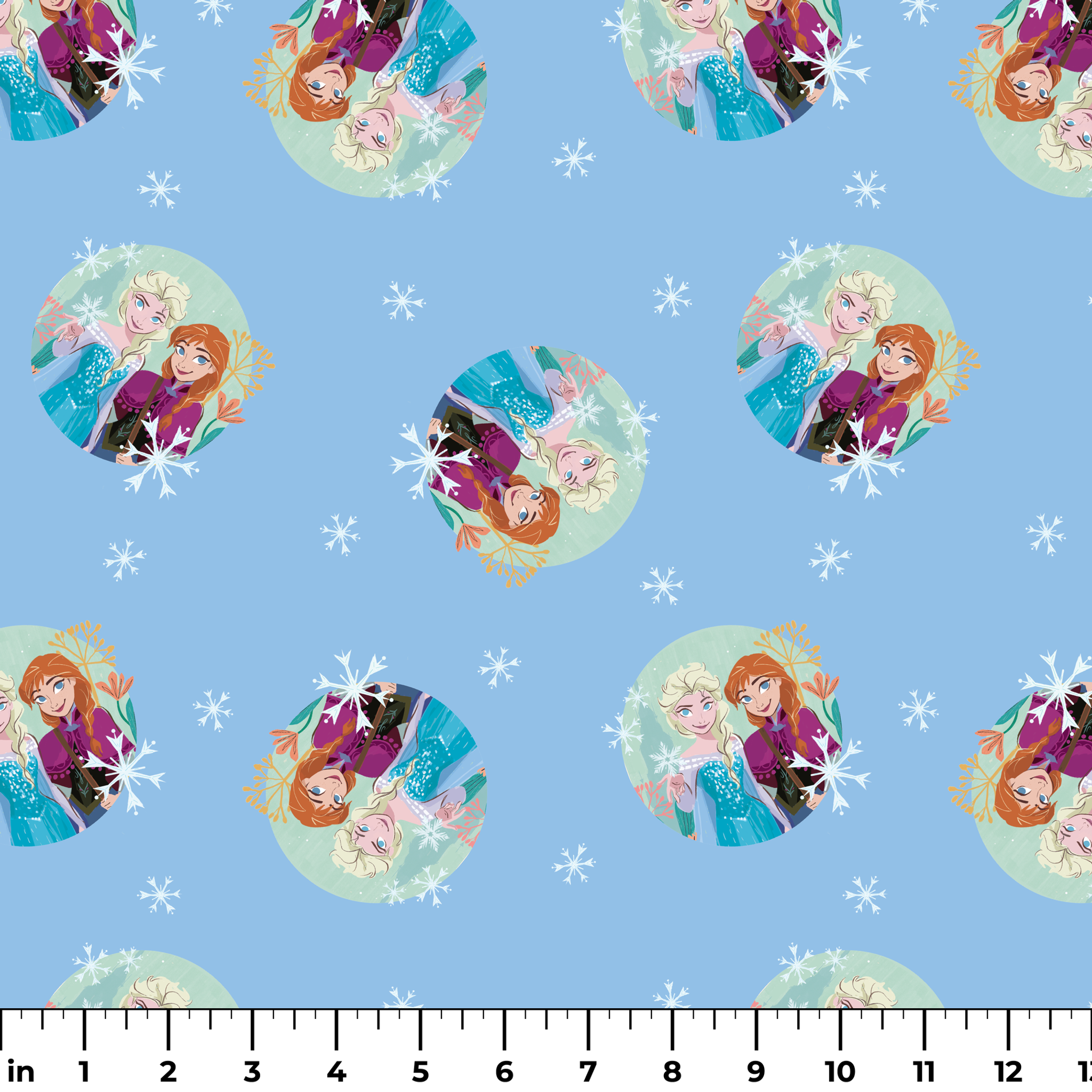 Light blue background with repeating circular motifs of "Frozen" characters and snowflakes in a decorative pattern ruler