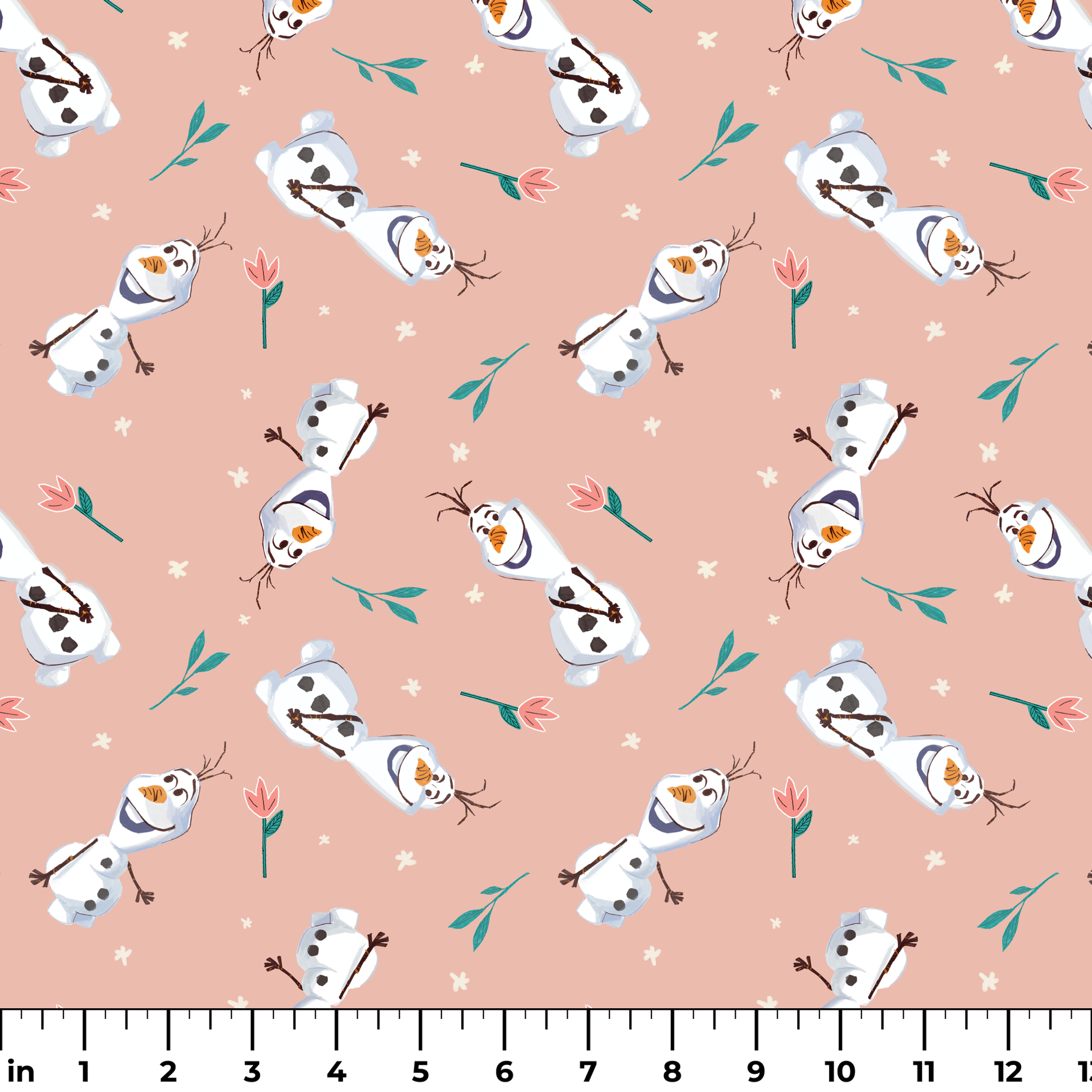 Playful pattern of Olaf scattered with green leaves on a peachy pink background ruler