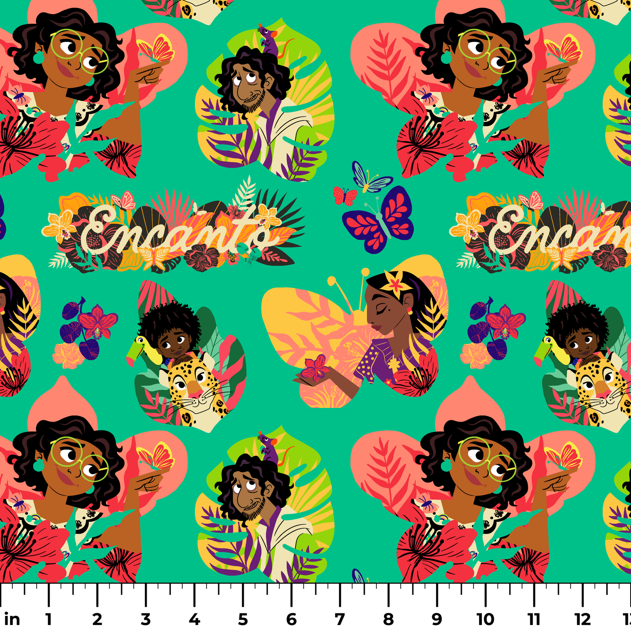 Colorful illustration with characters, butterflies, and tropical leaves on turquoise background with "Encanto" text ruler