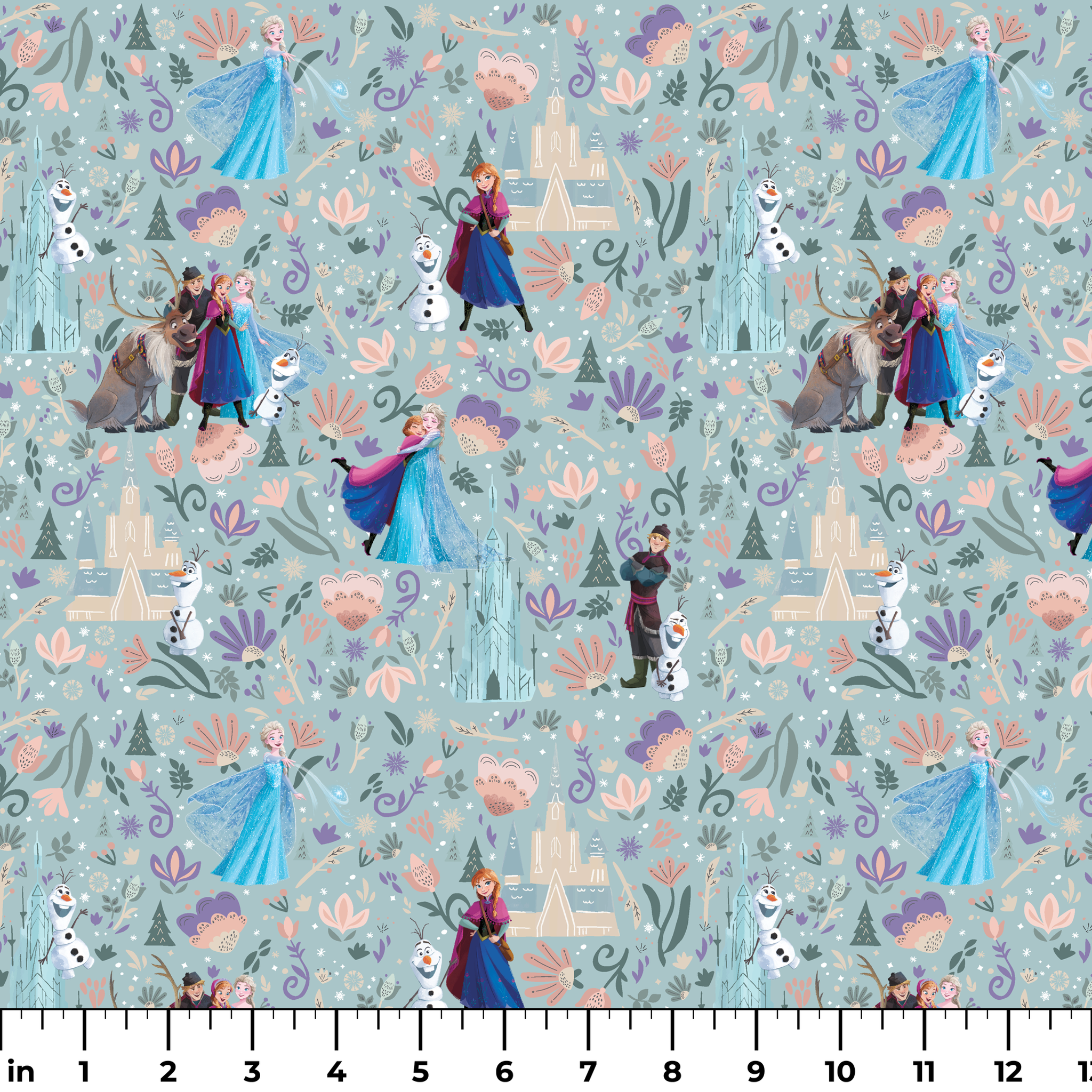 Frozen-themed pattern with the iconic characters, snowmen, flowers, and swirls on a light blue background ruler