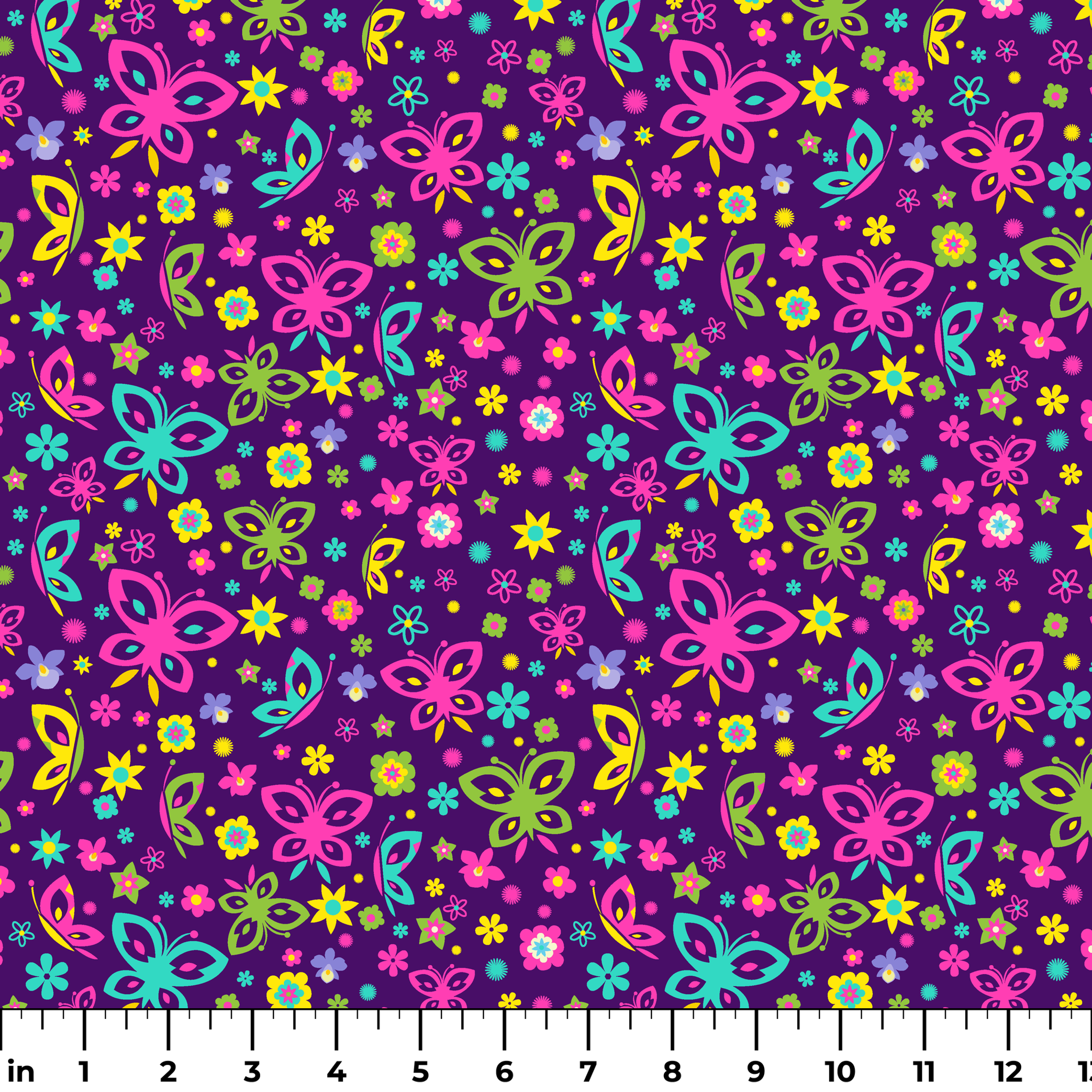Colorful butterfly and flower pattern on purple background with pink, blue, green, and yellow designs ruler