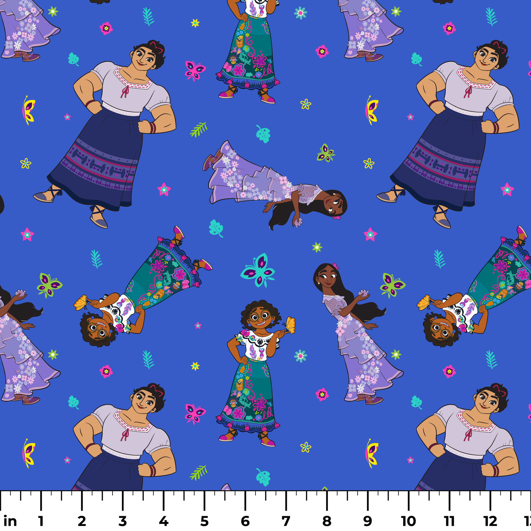 Colorful cartoon figures in traditional clothing floating on vibrant blue background with butterflies and flowers ruler