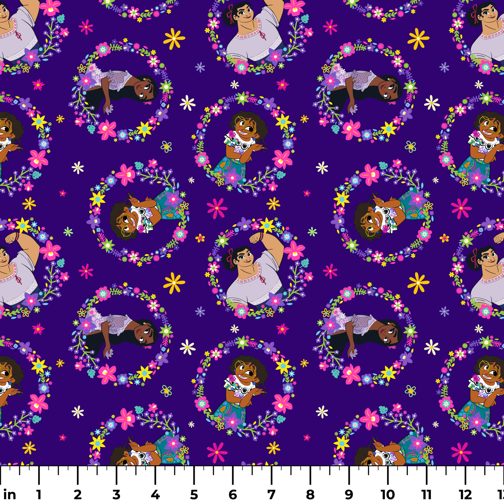 Colorful cartoon characters in floral wreaths pattern on deep purple background with stars ruler