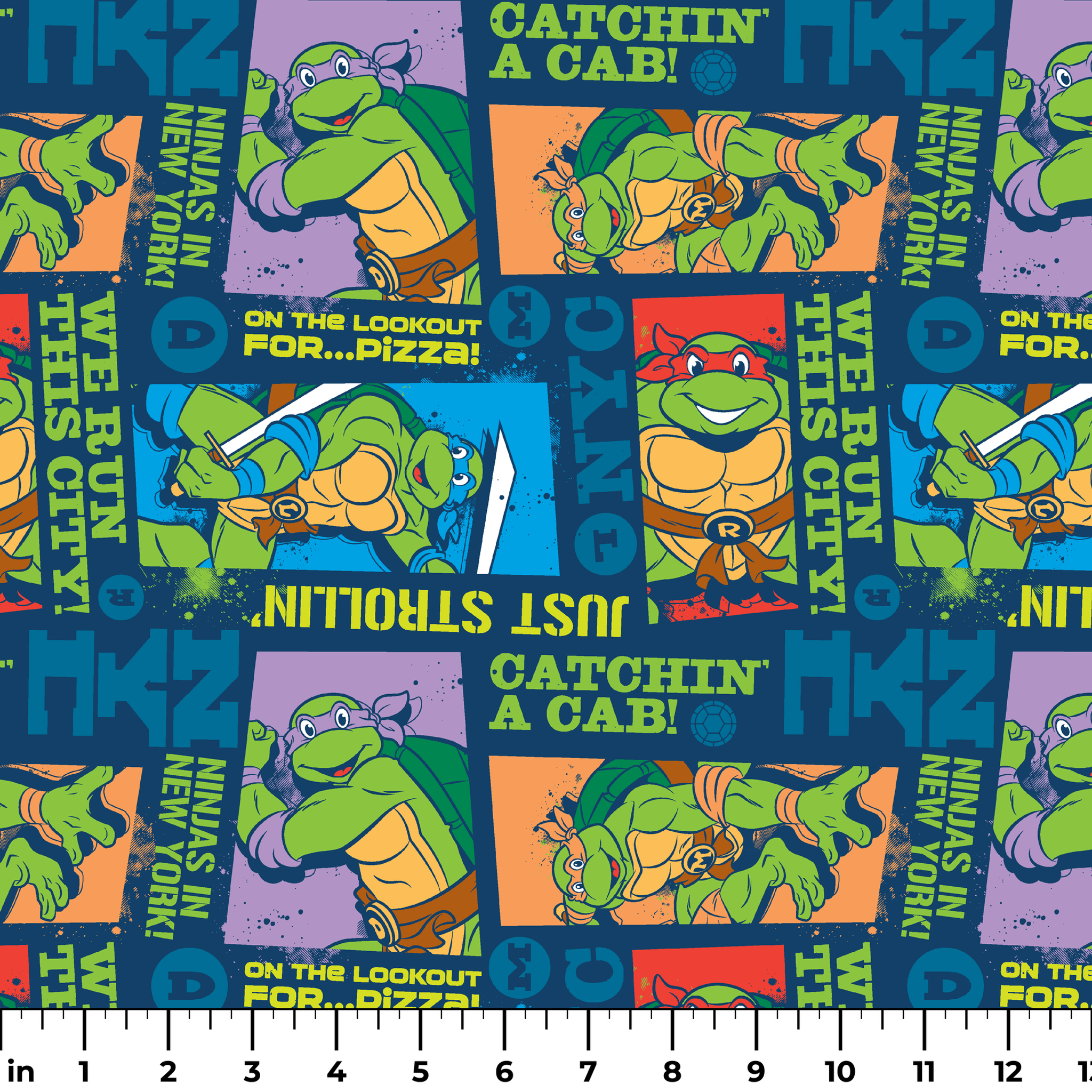 Teenage Mutant Ninja Turtles comic-style panels with characters in action poses and phrases like "Catchin' a Cab!" and "On the Lookout for Pizza! ruler