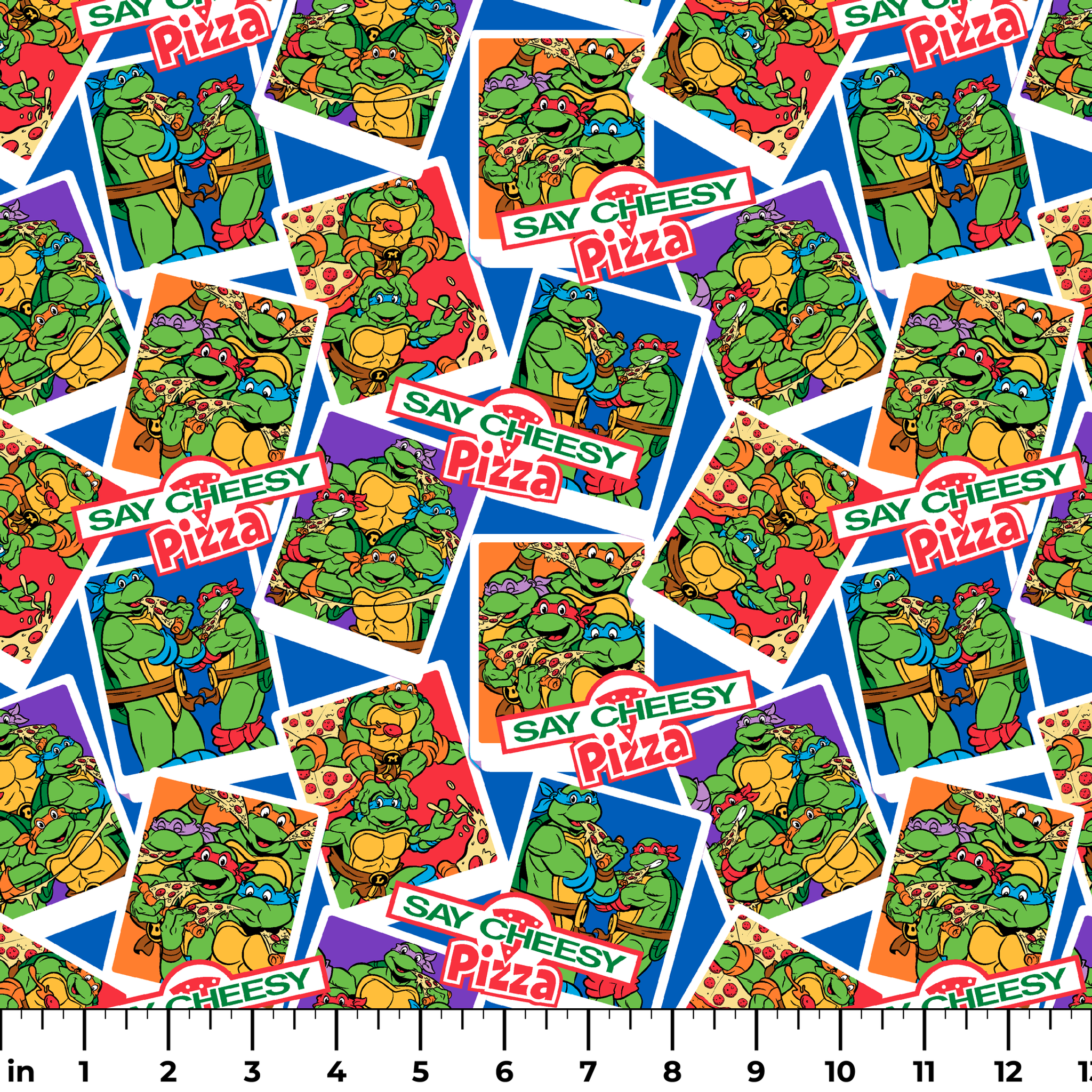 Colorful collage of Teenage Mutant Ninja Turtles cartoon characters with "Say Cheesy Pizza" text on vibrant background ruler