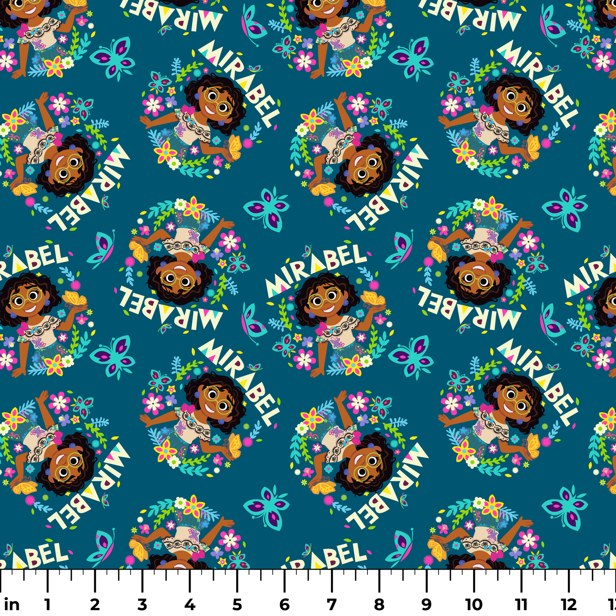 Colorful cartoon pattern on teal background featuring characters, butterflies, flowers, and "Mirabel" text in repeating design ruler