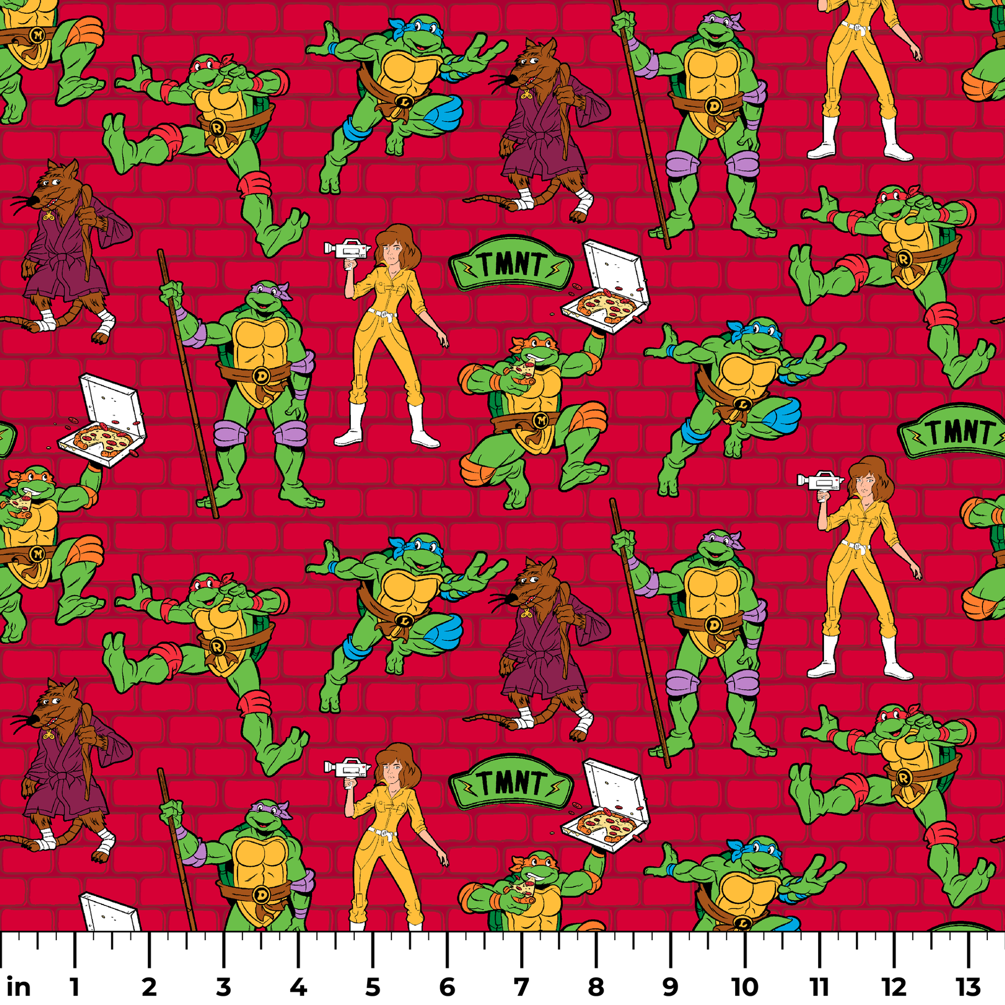 Teenage Mutant Ninja Turtles pattern on red background with green turtle characters in action poses ruler