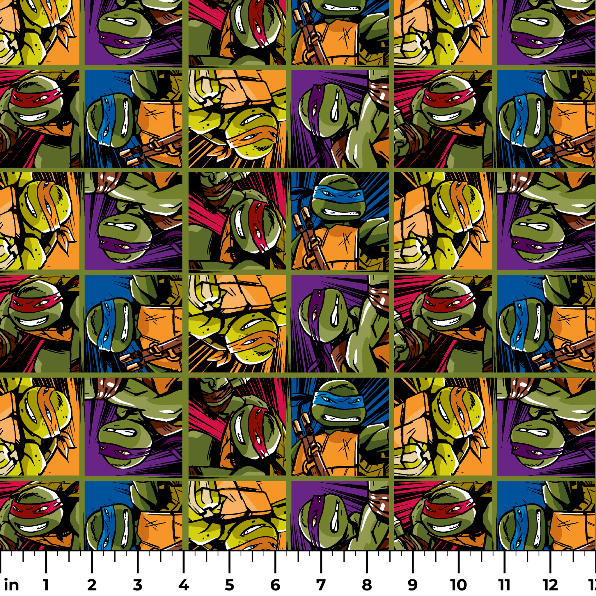 Colorful grid pattern of Teenage Mutant Ninja Turtles characters with various expressions and colored masks ruler