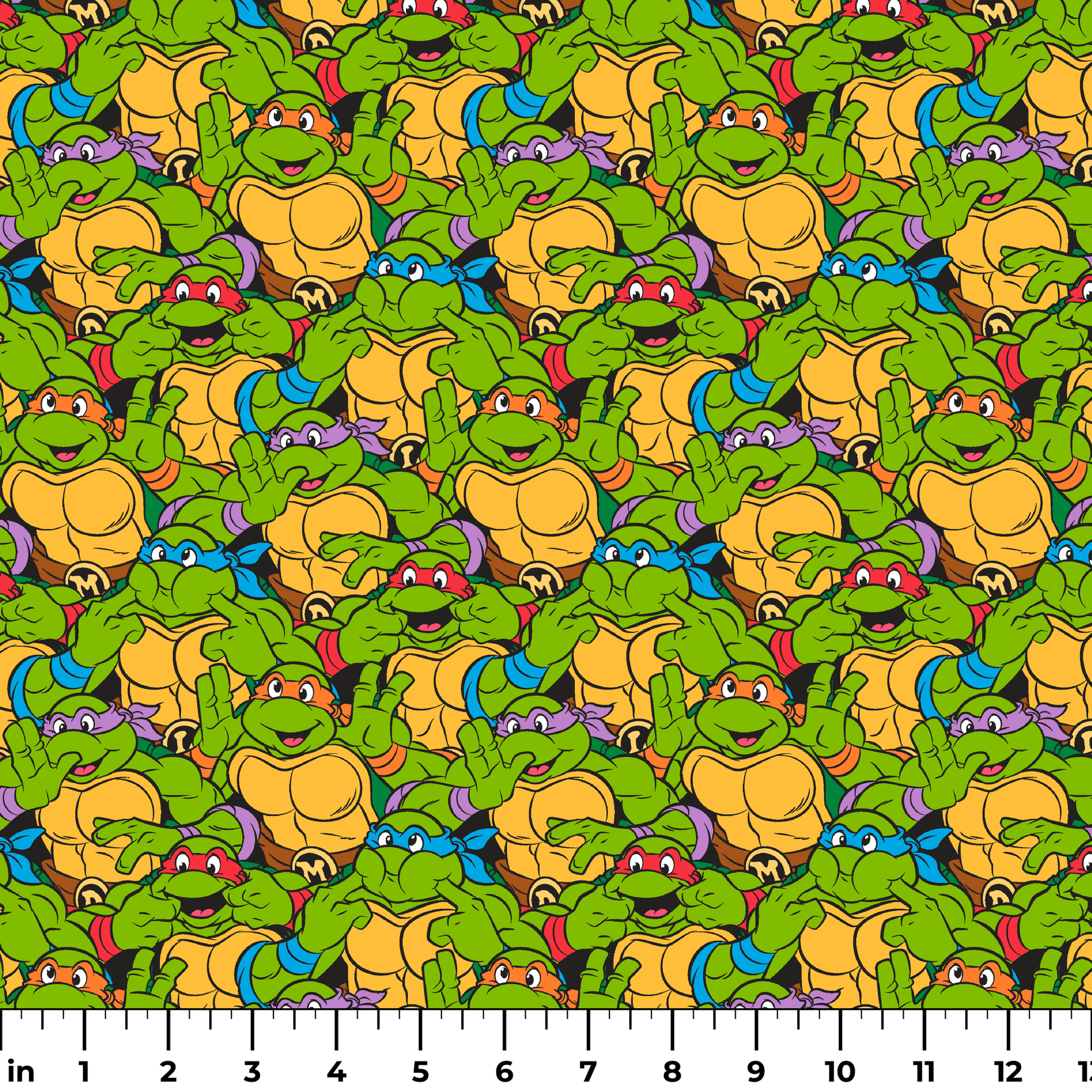 Colorful pattern of cartoon Teenage Mutant Ninja Turtles with green skin and yellow shells ruler