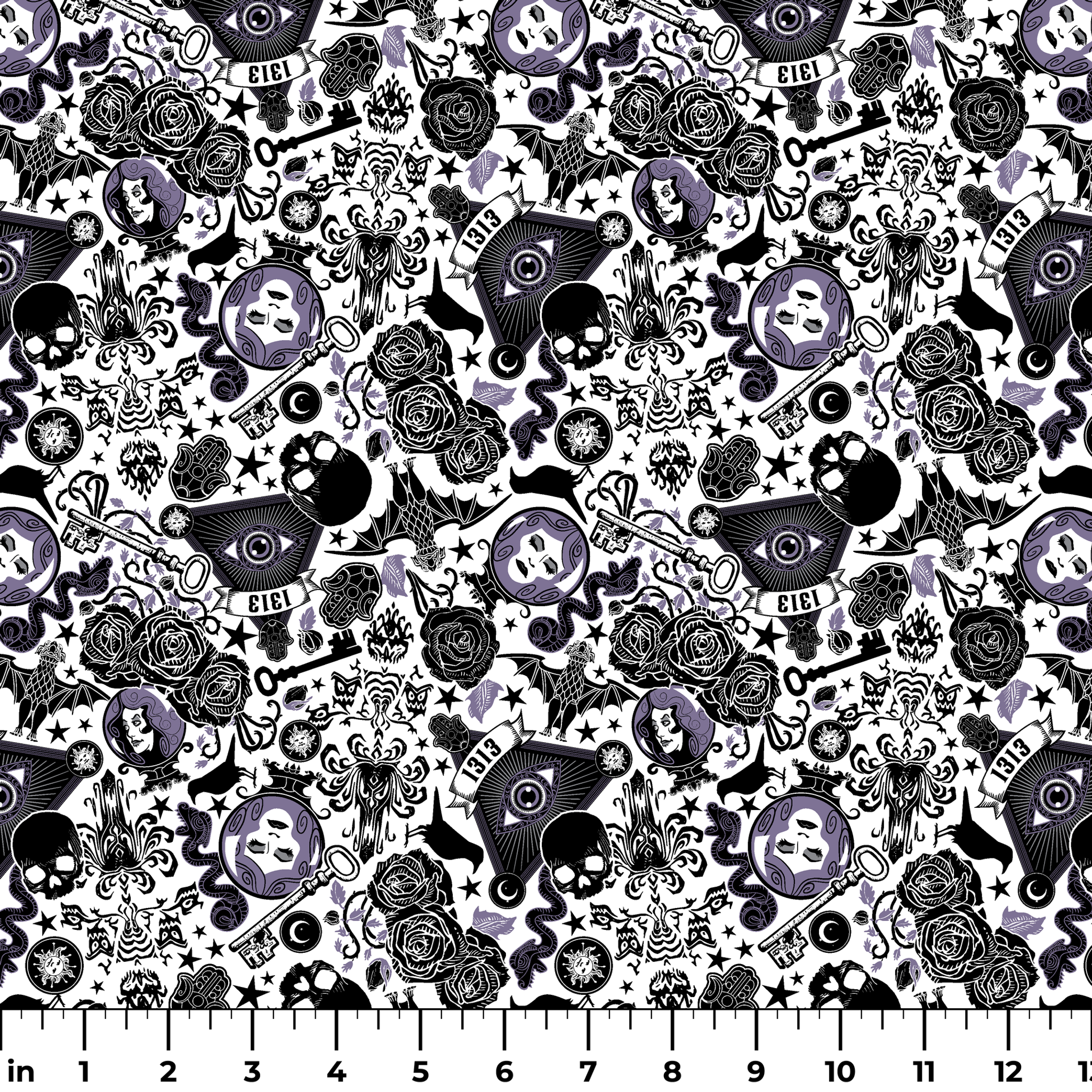 Gothic-inspired pattern with roses, medallions, ravens, and Victorian motifs in black and purple ruler