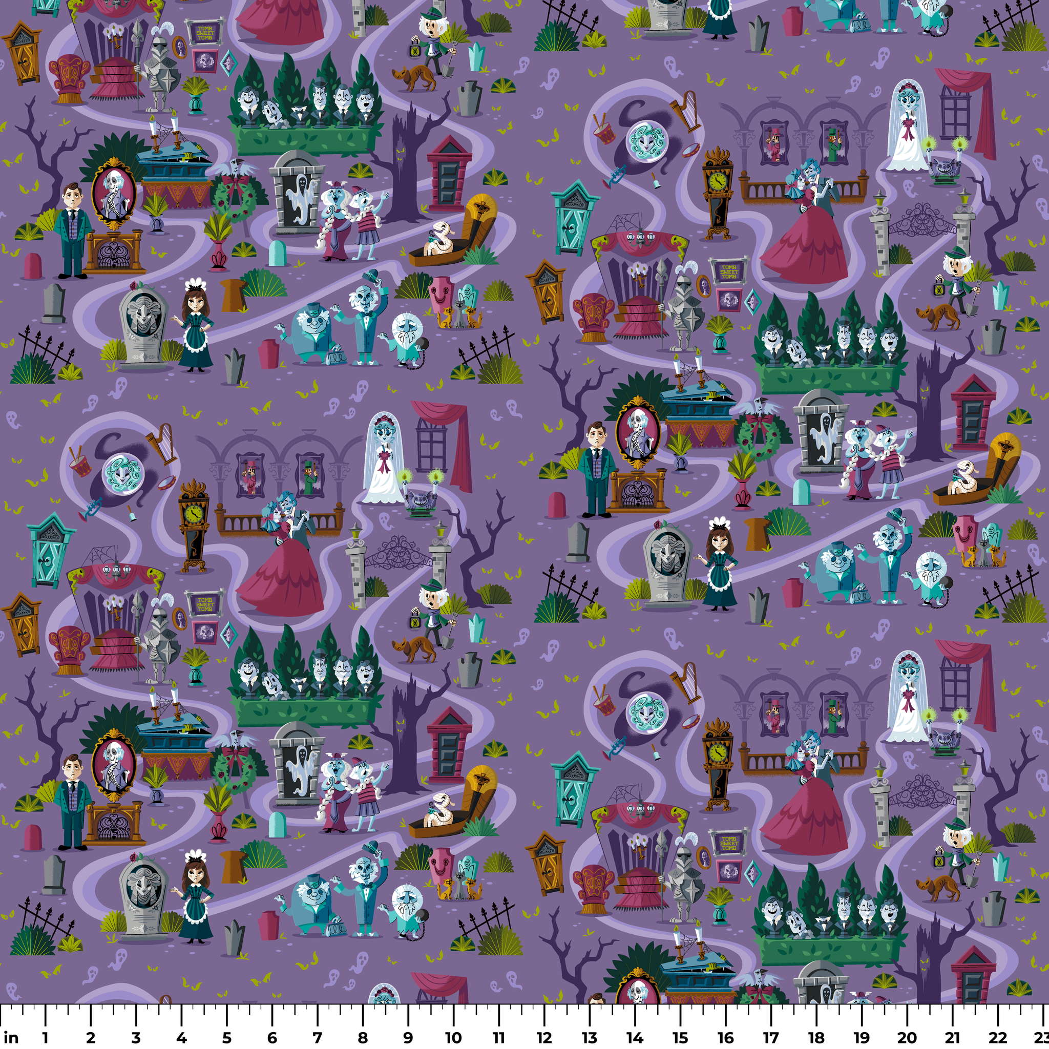 Colorful cartoon map of a spooky Halloween town with purple paths, ghosts, skeletons, and haunted houses. ruler