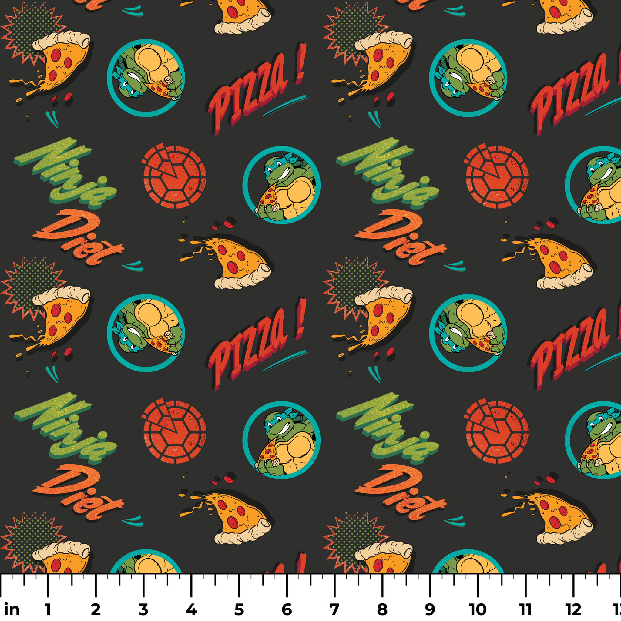 Colorful cartoon pizza pattern with "Pizza!" text, Teenage Mutant Ninja Turtles in circles, and decorative elements on dark background. ruler