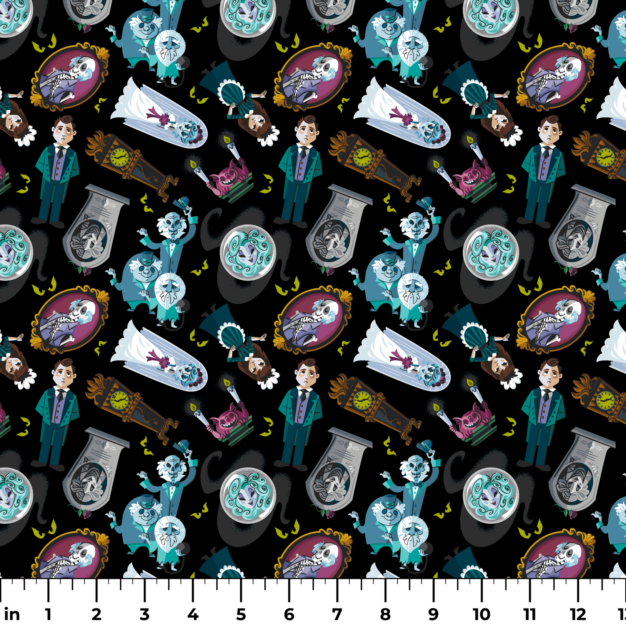 Haunted Mansion themed pattern with cartoon ghosts, characters, coffins, and spooky elements on black background ruler