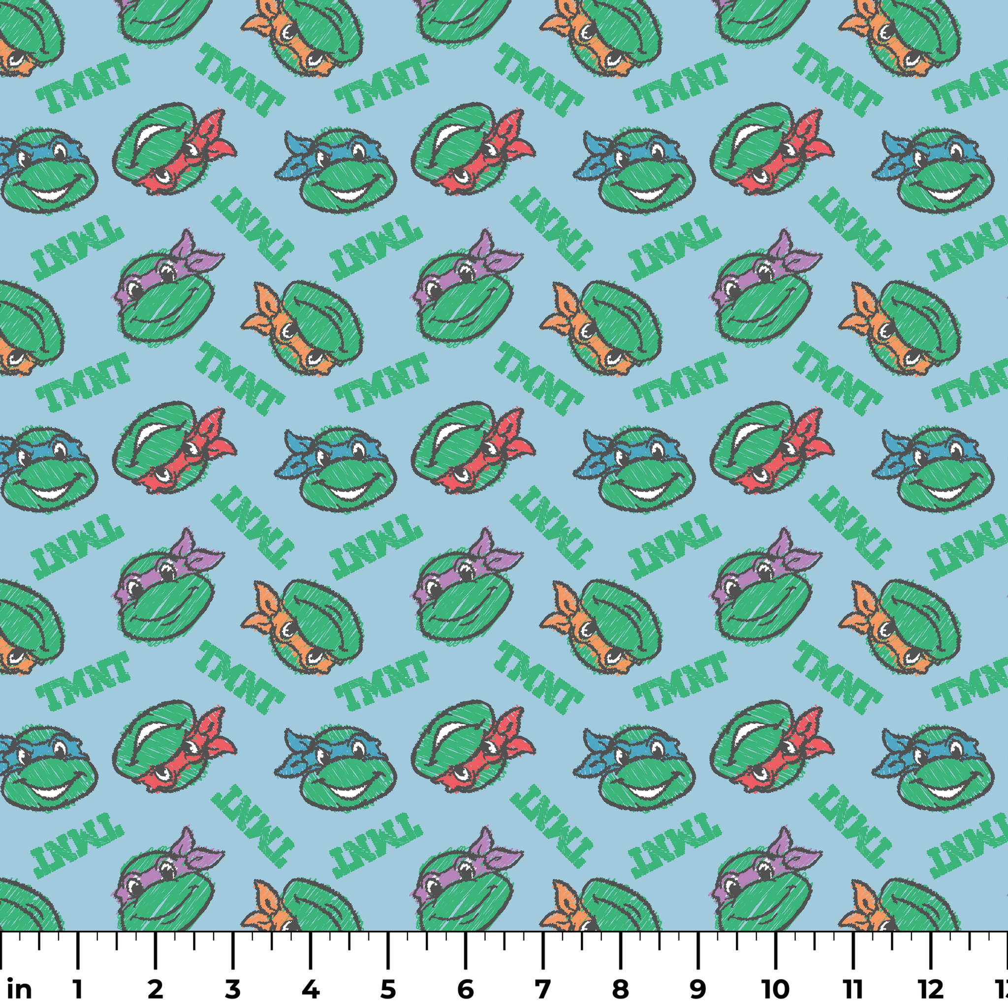 Cartoon pattern of Teenage Mutant Ninja Turtles faces with colored masks on light blue background ruler