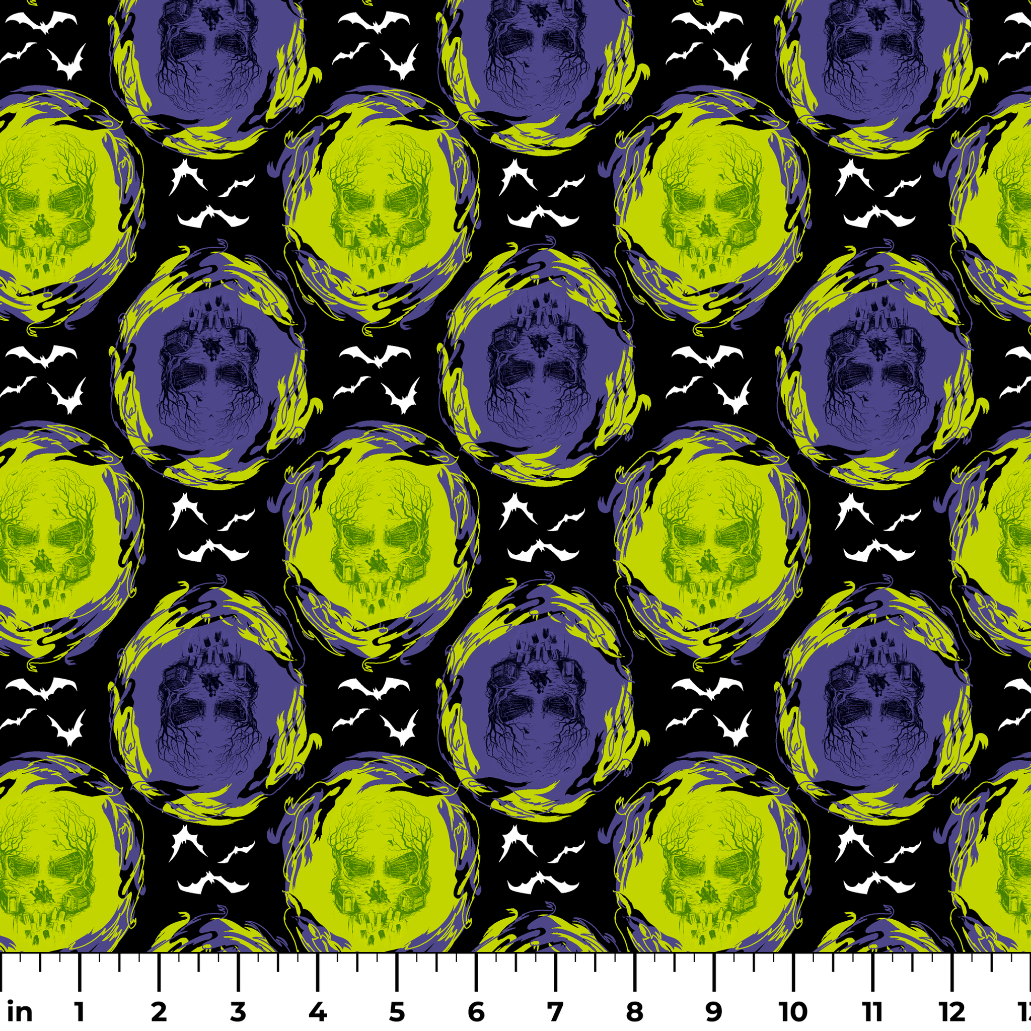 Repeating pattern of neon green and purple skulls with swirling effects on black background with white bats ruler