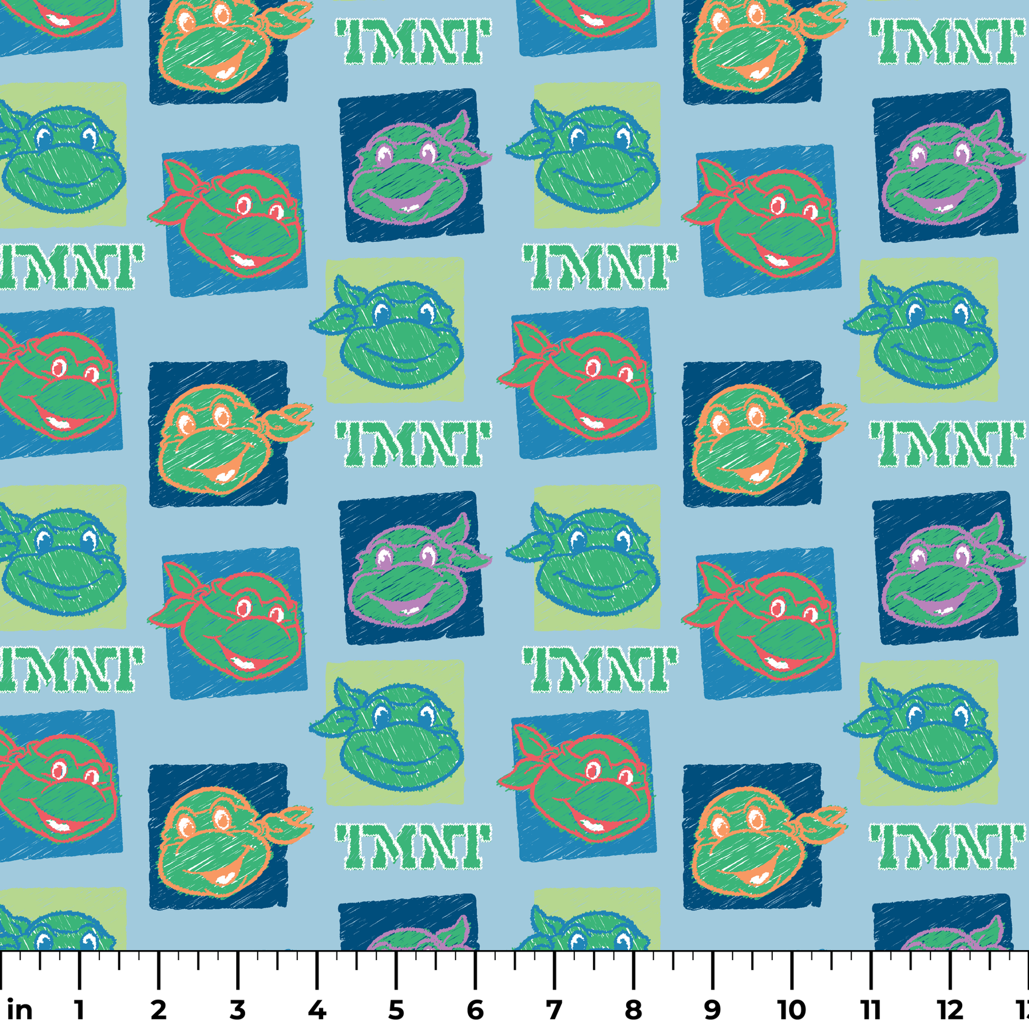 Teenage Mutant Ninja Turtles pattern with cartoon turtle faces in squares on light blue background ruler