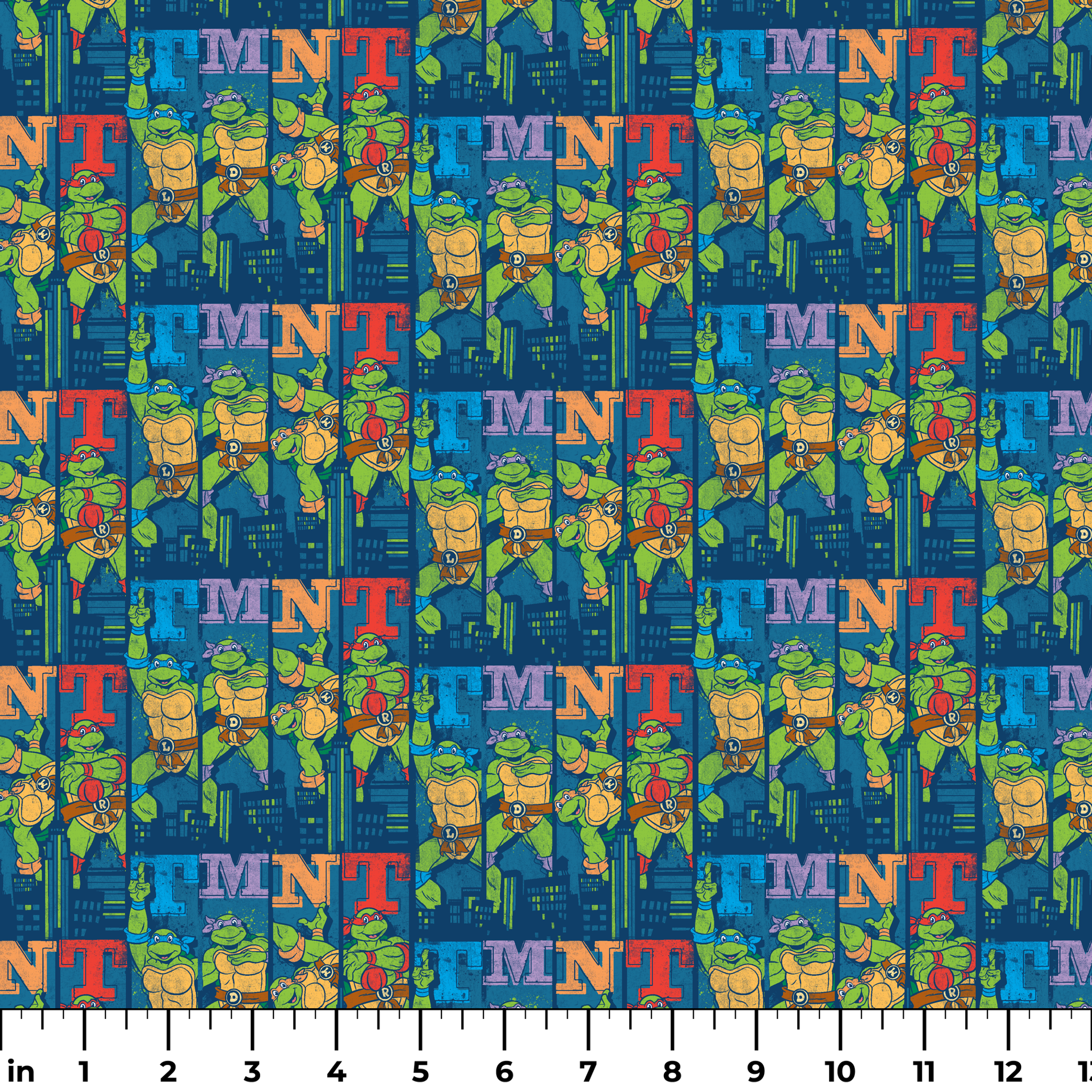 Colorful Teenage Mutant Ninja Turtles cartoon pattern with characters and "TMNT" text on blue cityscape background ruler